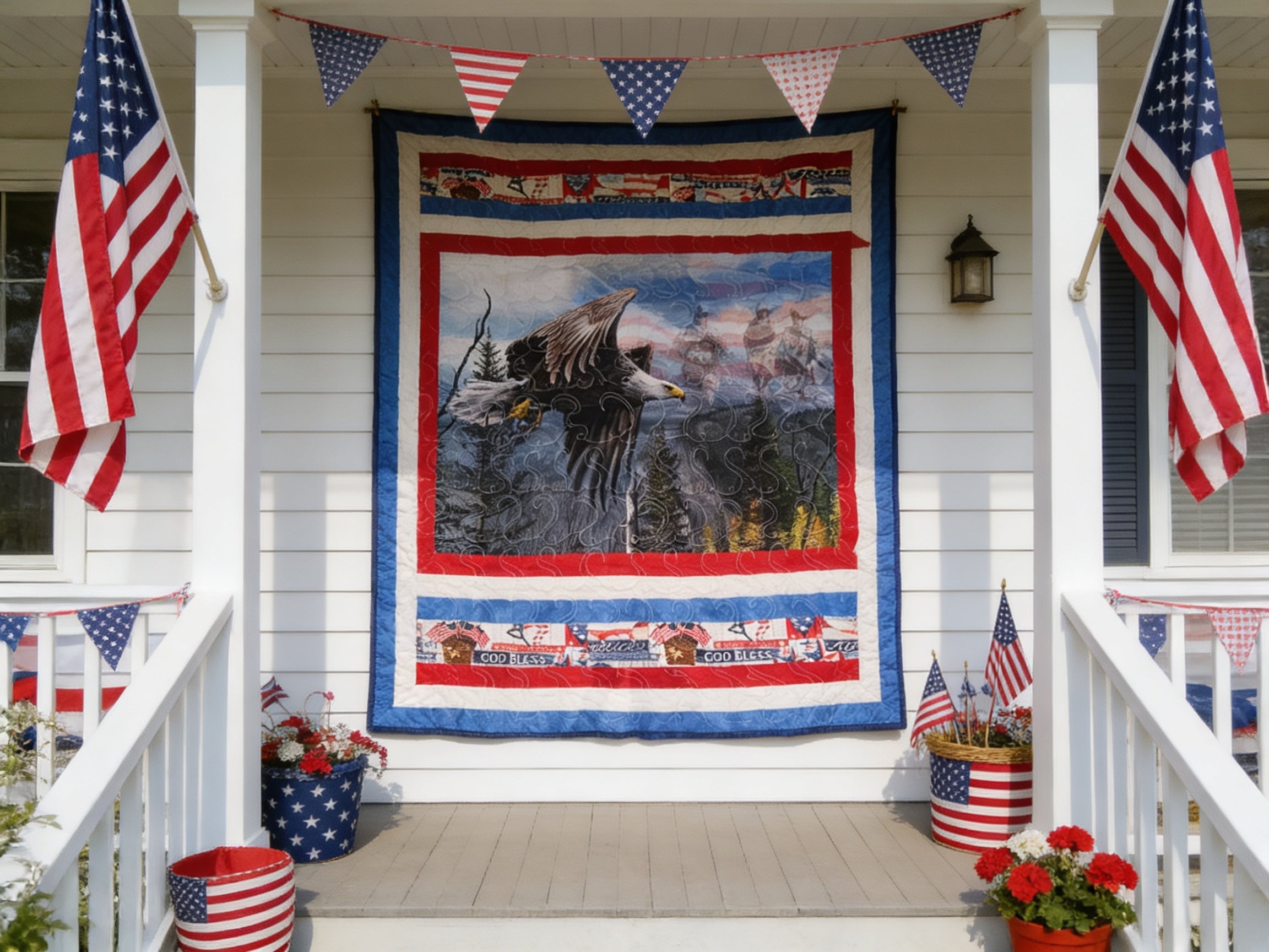 Flying Eagle Patriotic Quilt – Handmade Red White Blue Throw comforter bedspread duvet cover gift idea