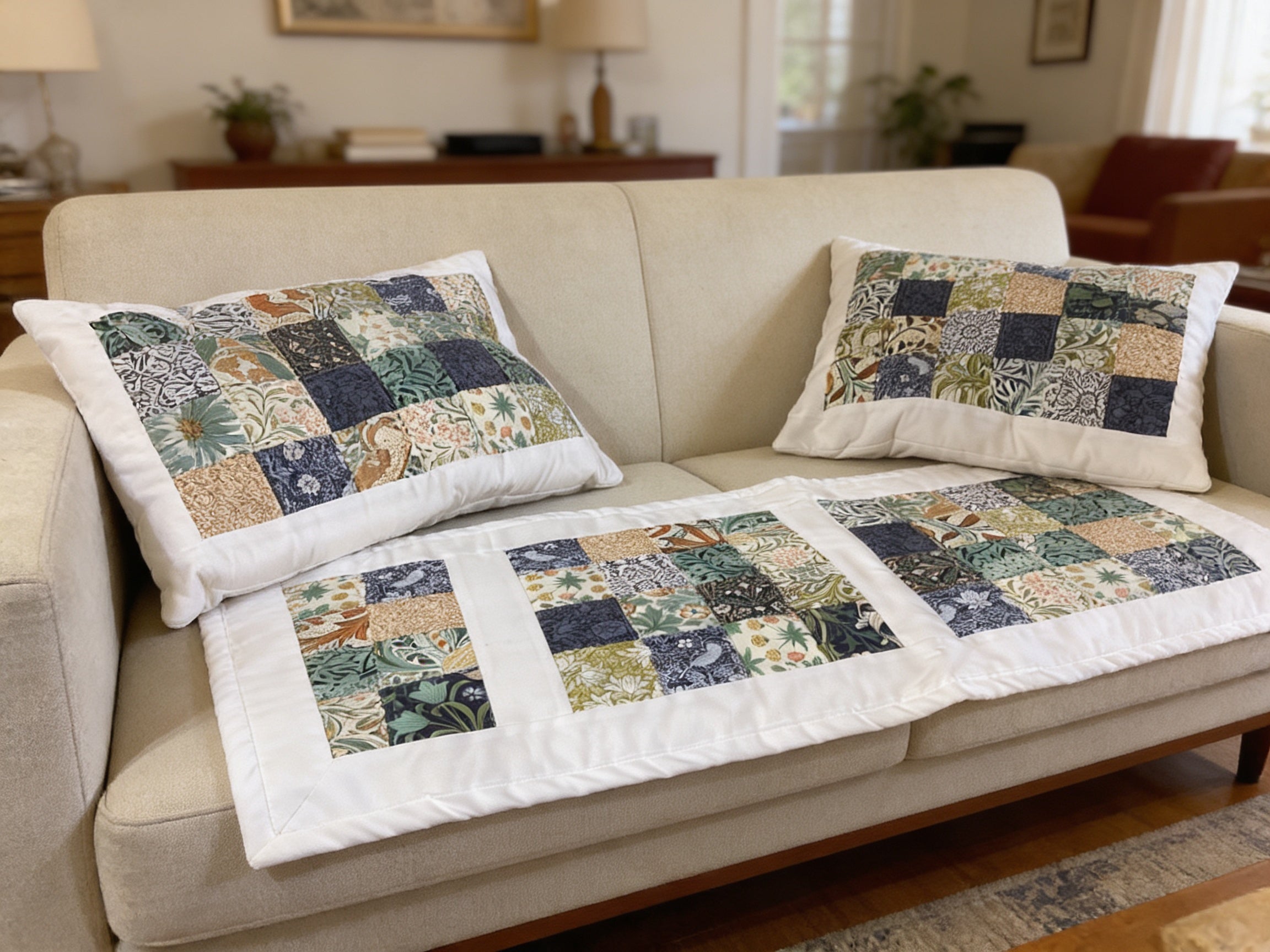 Handmade Blue Floral Cotton Pillow & Bed Runner Set comforter bedspread gift idea