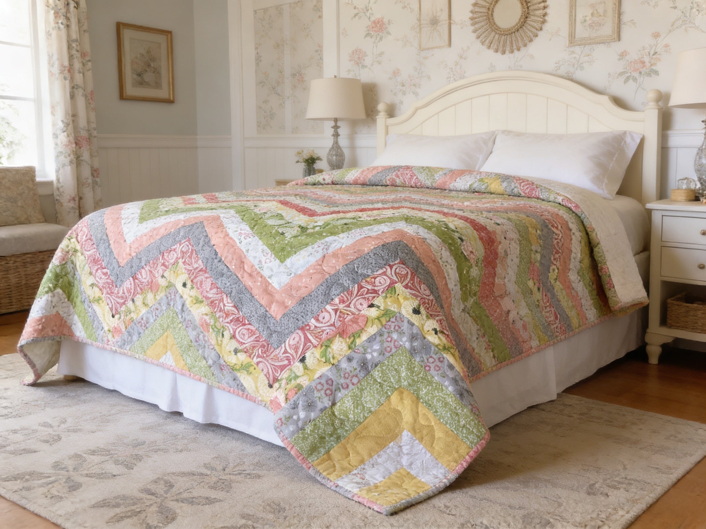Handmade Chevron Pattern King Size Quilt – Soft Pastel Colors, Personalized comforter bedspread duvet cover throw blanket