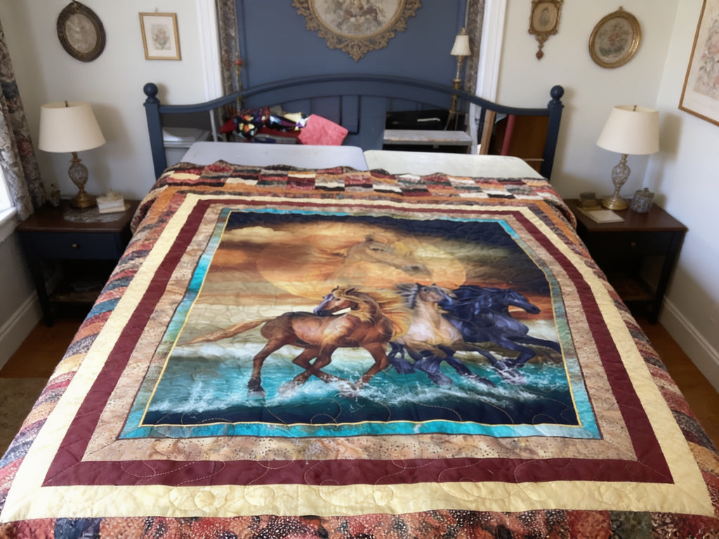 Handmade Horse Quilt Full Size – One-of-a-Kind Running Horses Blanket comforter bedspread duvet cover throw blanket