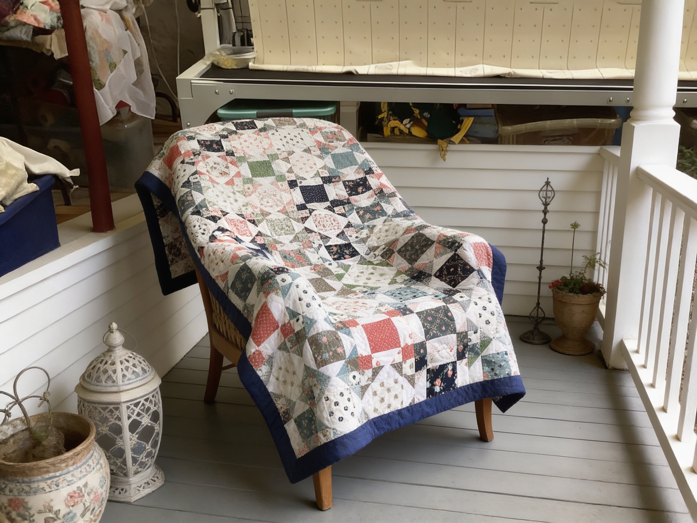 Handmade Queen Size Country Quilt – Blue, Pink & Green Floral Patchwork Blanket comforter bedspread duvet cover throw blanket