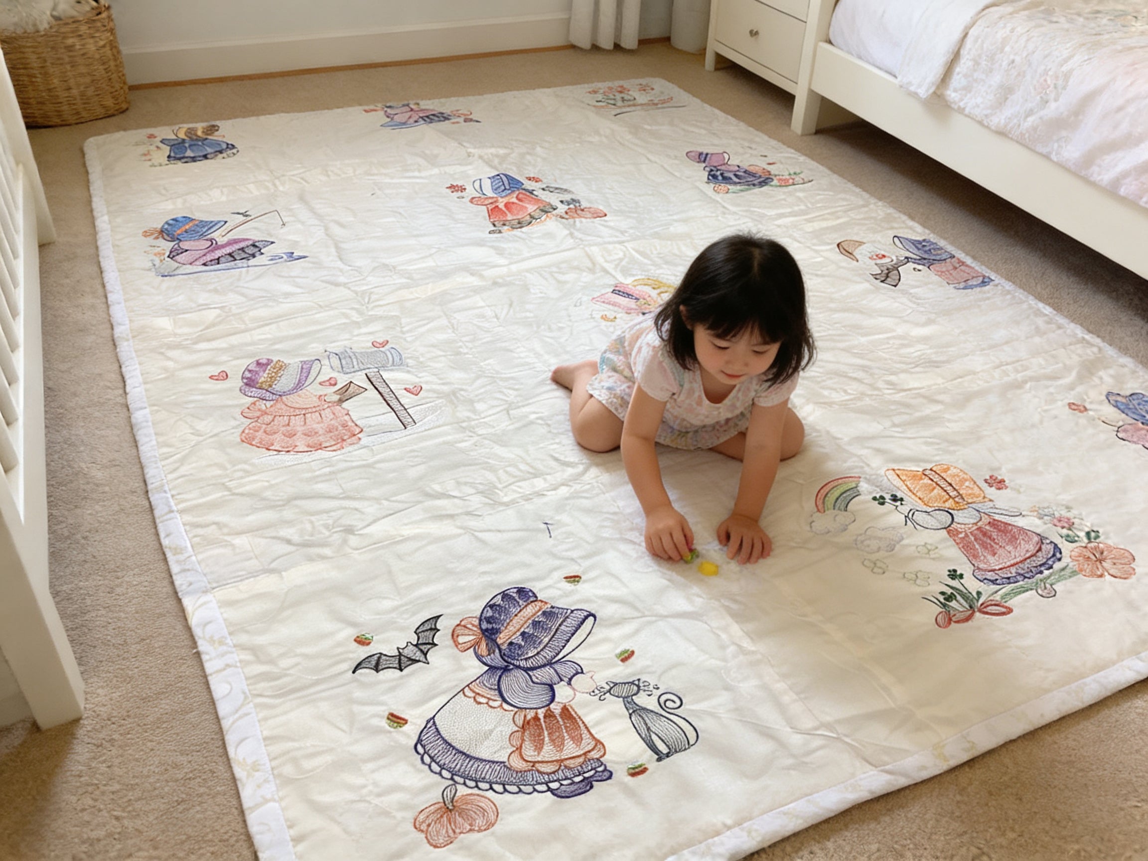Embroidered Twin Quilt Gift Set, Bag, Wall Hanger,  comforter bedspread duvet cover gift idea