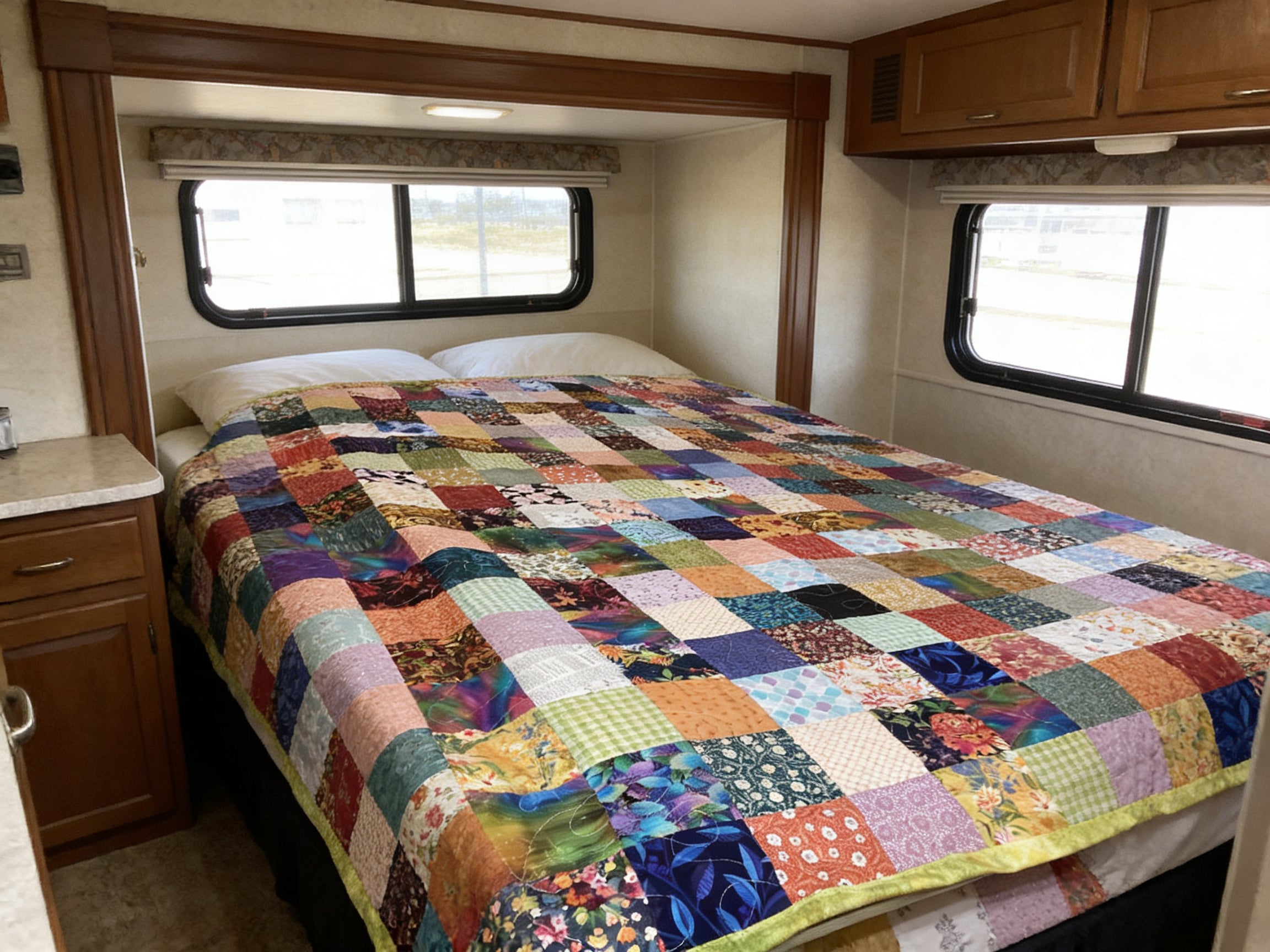 Handmade Colorful Floral Patchwork Quilt Reversible Lime Green Backing comforter for your bed cozy warm bedspread throw blanket