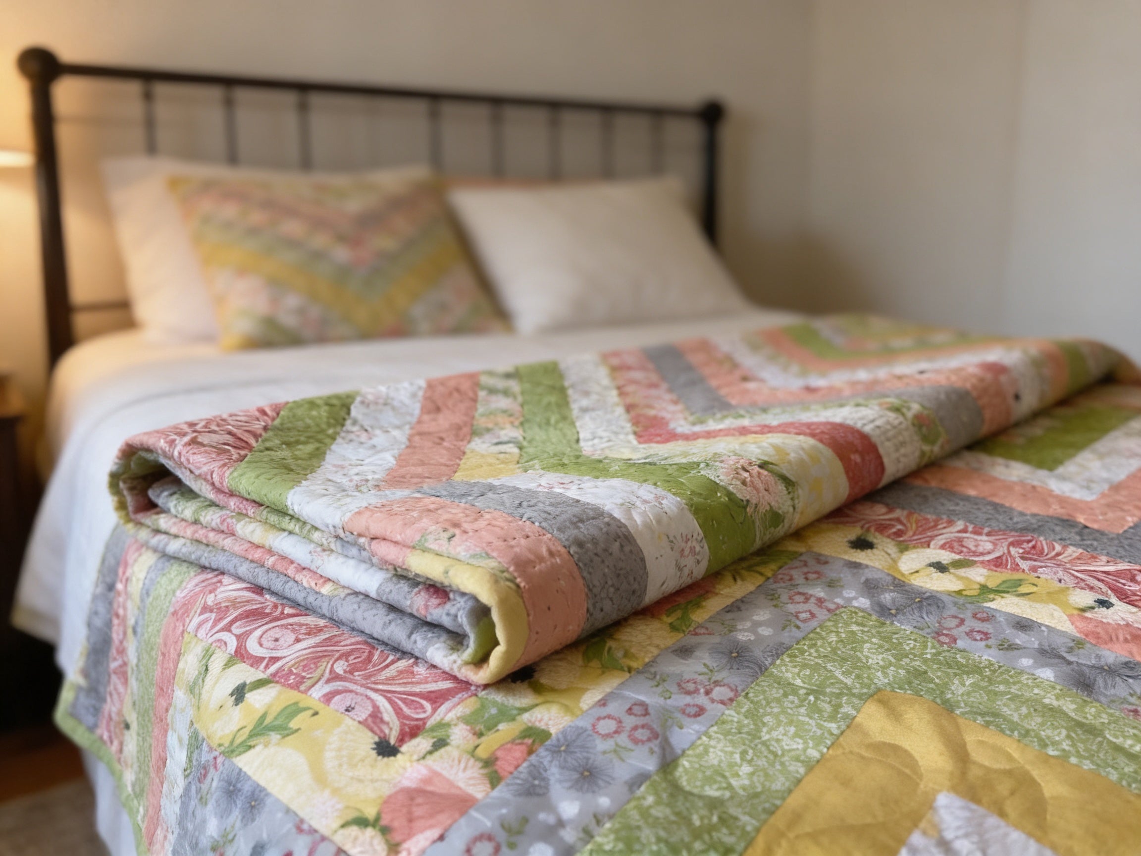 Handmade Chevron Pattern King Size Quilt – Soft Pastel Colors, Personalized comforter bedspread duvet cover throw blanket