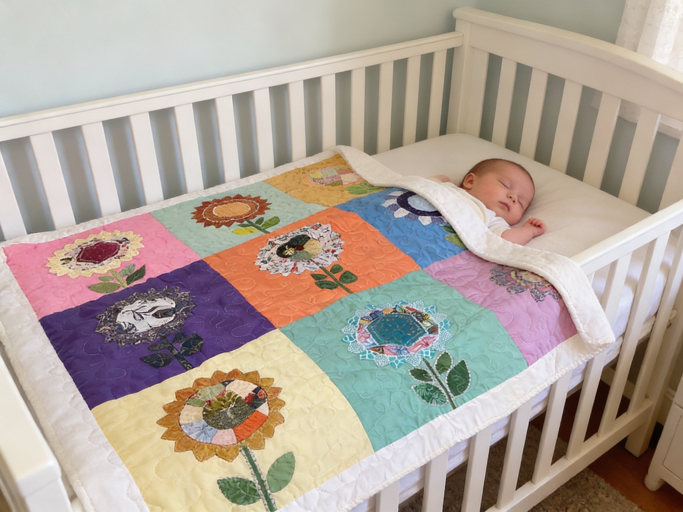 Handmade Appliqué Flower Quilt – Vibrant Rainbow Floral Throw Blanket baby quilt blanket  comforter bedspread nursey decor gift idea