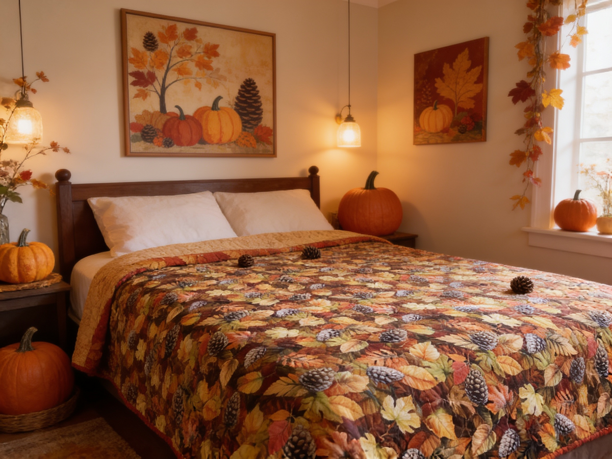 Handmade Autumn Quilt – Orange Yellow Leaf Pumpkin Print