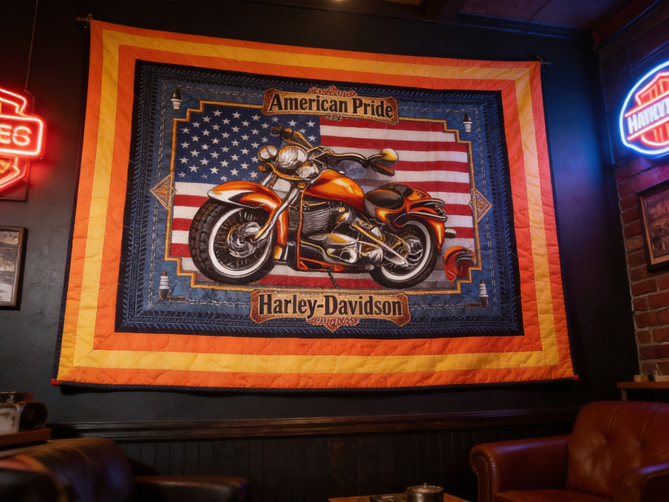 Americana Motorcycle Quilt  comforter bedspread duvet cover gift idea