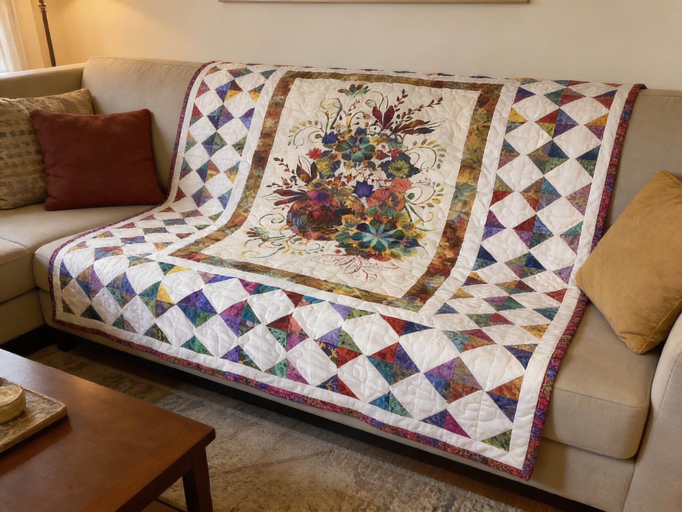 Handmade Rainbow Floral Quilt Throw Blanket – Colorful Triangle Patchwork Quilt – Lightweight Cottagecore Bedding Gift