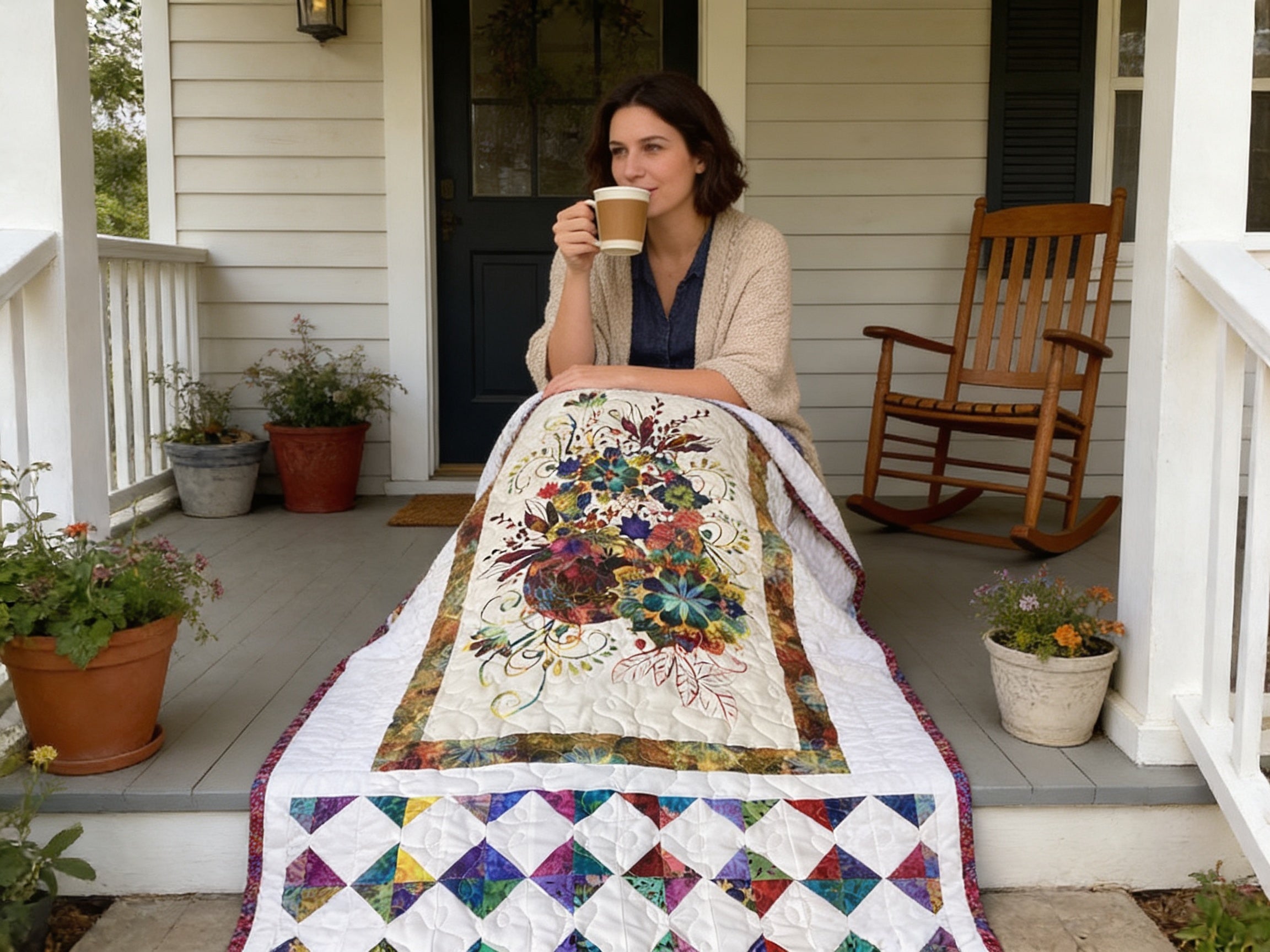 Handmade Rainbow Floral Quilt Throw Blanket – Colorful Triangle Patchwork Quilt – Lightweight Cottagecore Bedding Gift