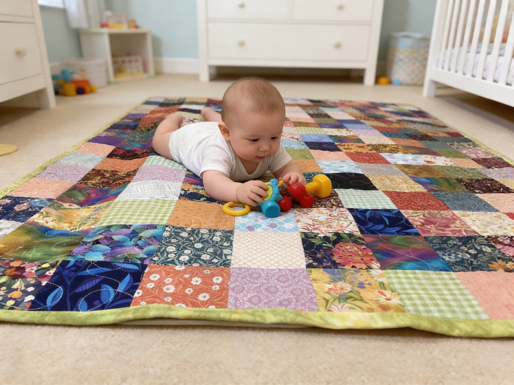 Rainbow Patchwork Quilt – Boho Baby Blanket, Nursery Decor, Cotton Fabric, Peacock Trim
