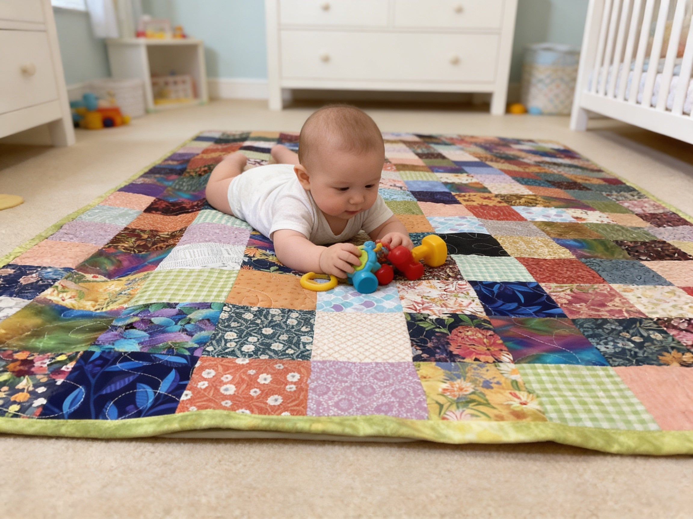 Rainbow Patchwork Quilt – Boho Baby Blanket, Nursery Decor, Cotton Fabric, Peacock Trim