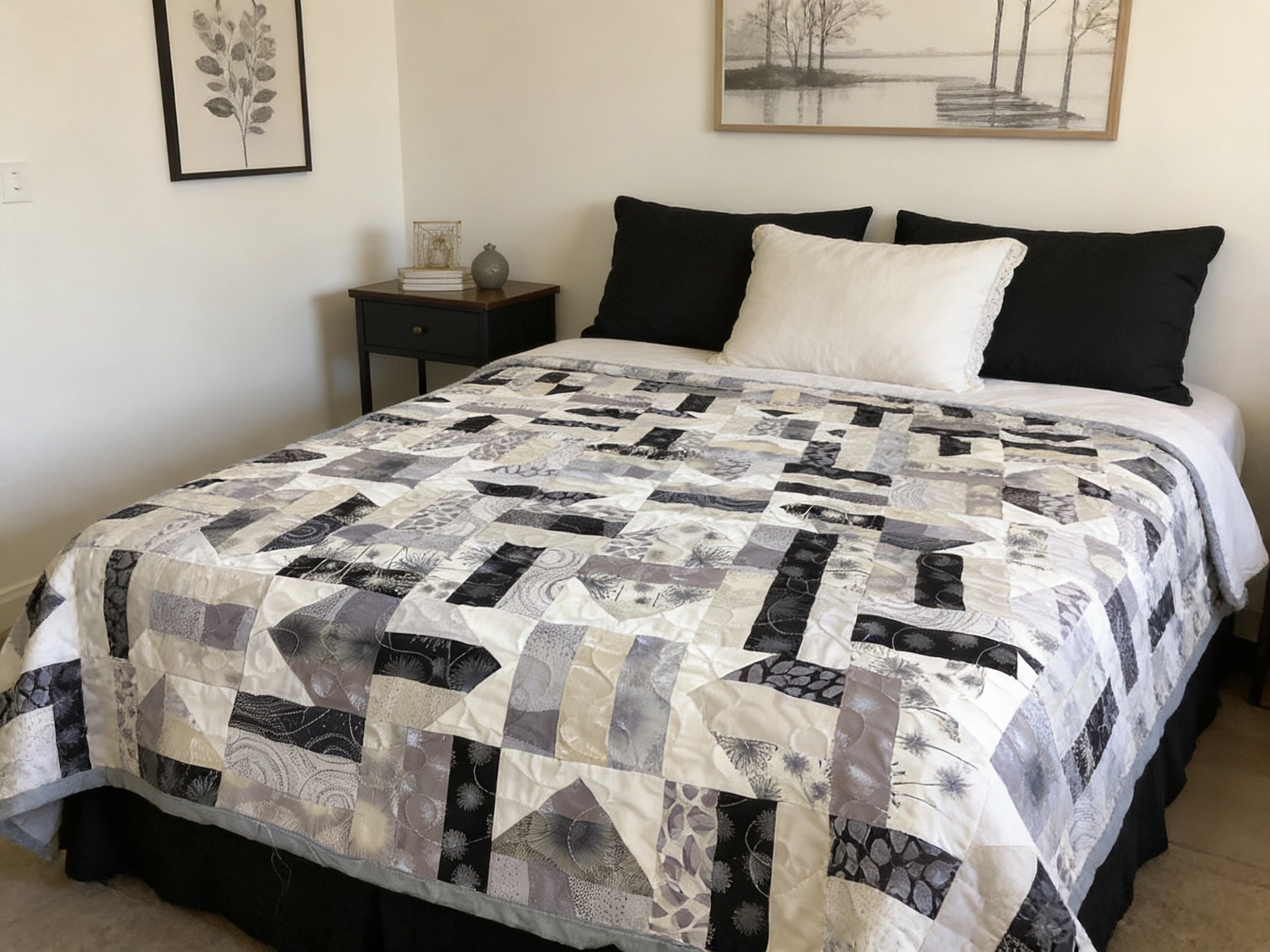 Light weight Handmade Black White Gray Patchwork Quilt – Modern Throw Blanket – 69x69 Bedspread – One of a Kind Quilt Gift comforter