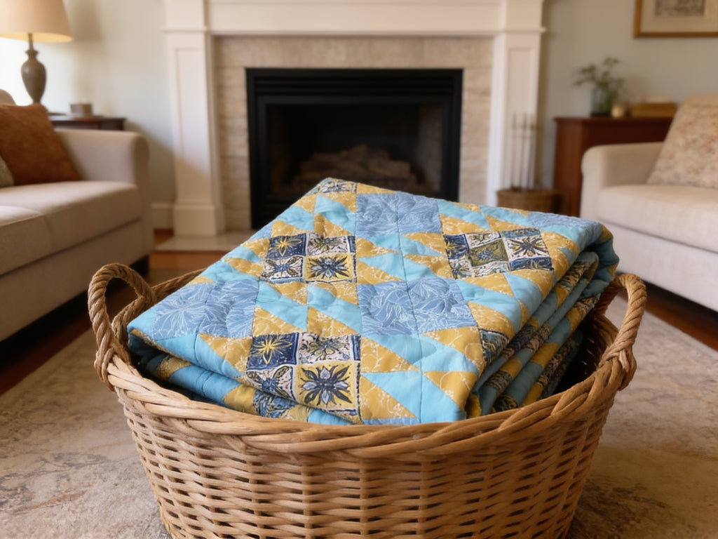 Handmade Quilt – Blue Yellow Fabric Geometric Design