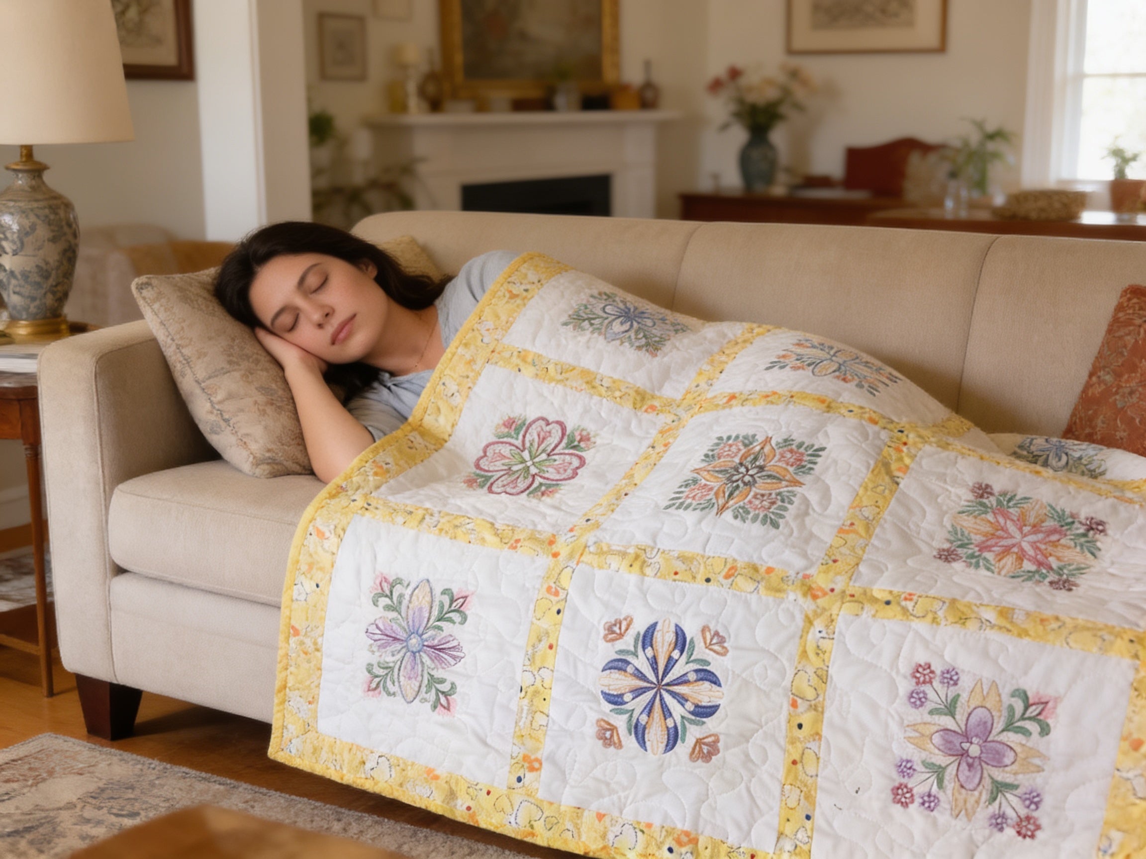 Embroidered Heirloom Quilt in Blooming Rainbow Florals  comforter bedspread throw blanket gift idea