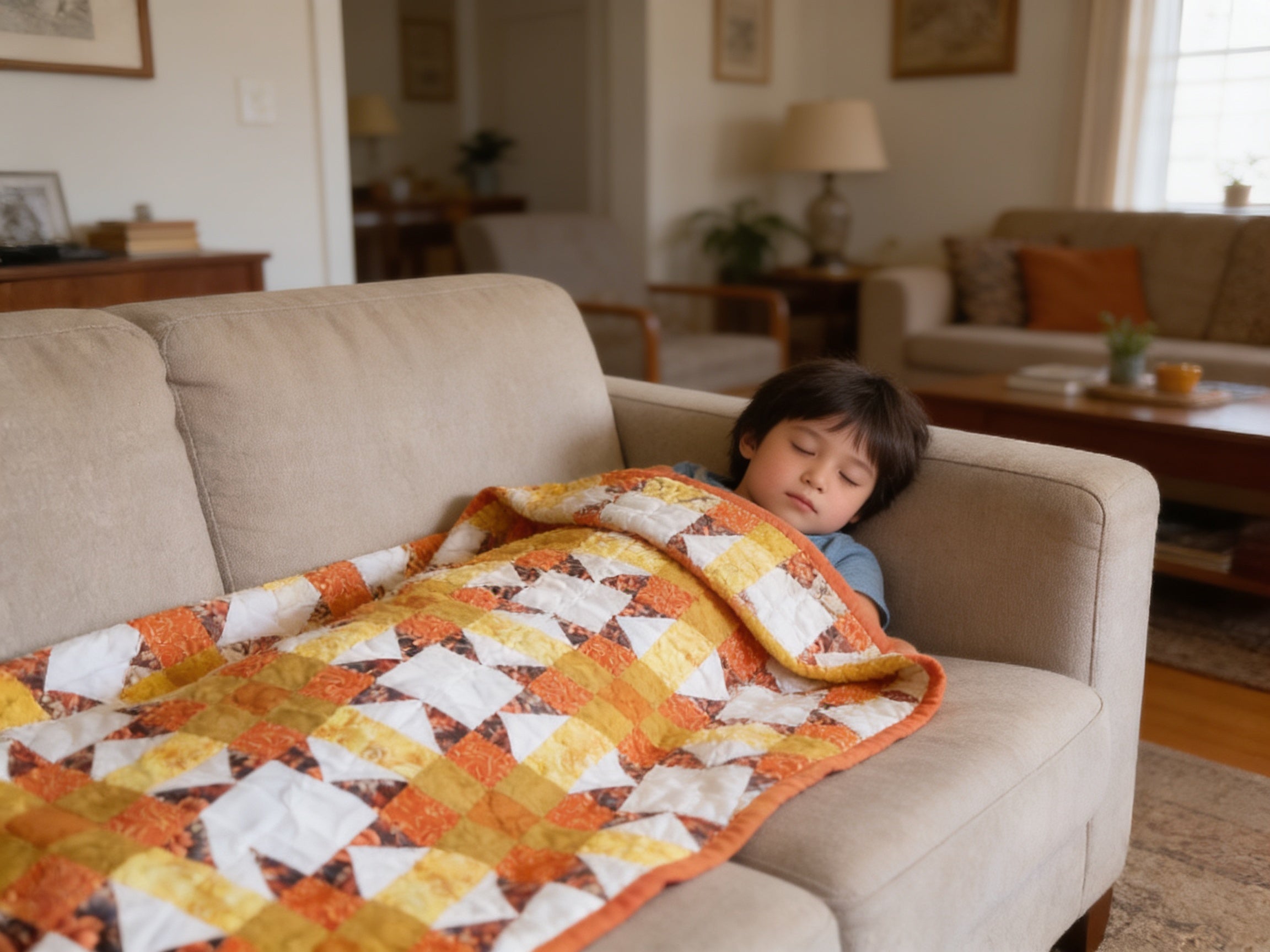 Sunburst Starfire Queen Quilt – Handmade Orange Yellow White Star Pattern Bedspread – Reversible Heirloom Blanket