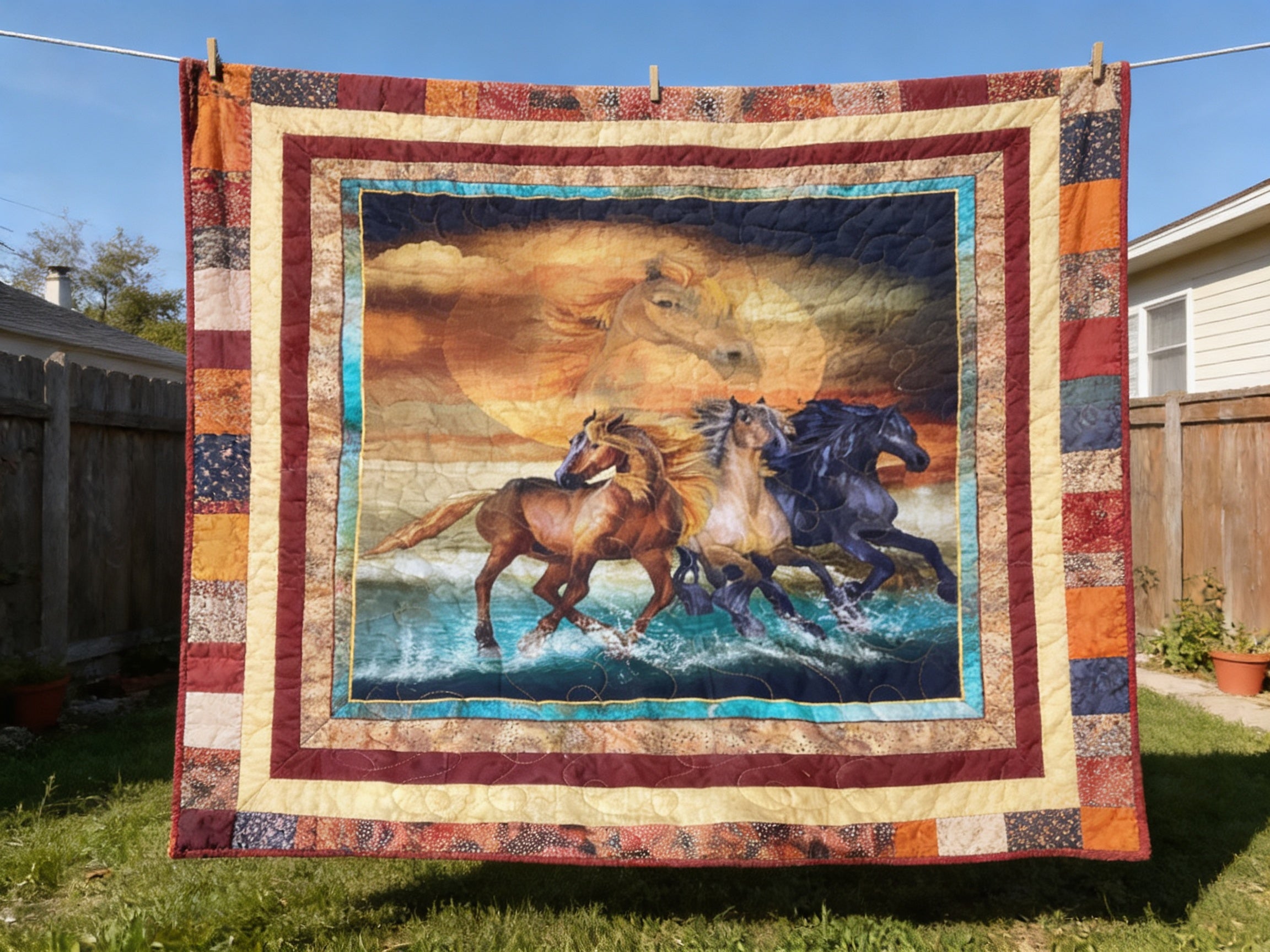 Handmade Horse Quilt Full Size – One-of-a-Kind Running Horses Blanket comforter bedspread duvet cover throw blanket