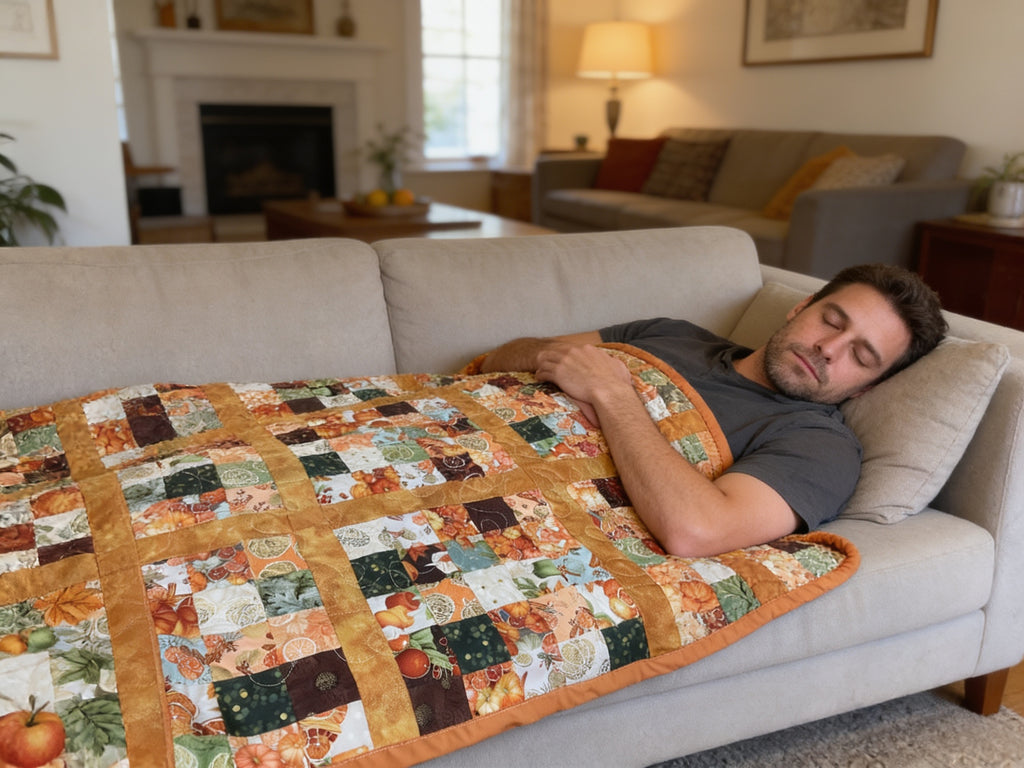 Handmade Autumn Quilt – Orange Yellow Leaf Pumpkin Print