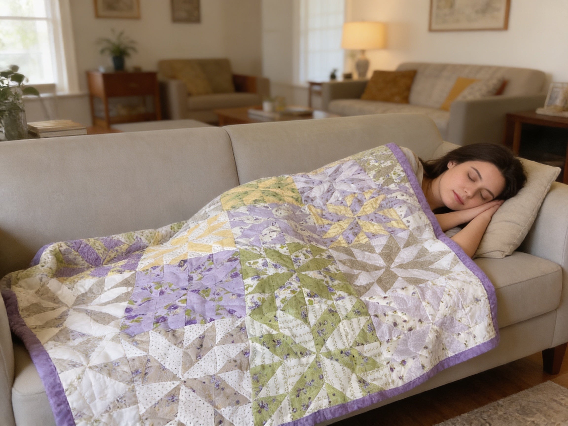 Handmade Queen Size Purple Floral Quilt – Green Yellow Wildflower Quilt – Heirloom Long Arm Quilted Bedspread throw blanket comforter