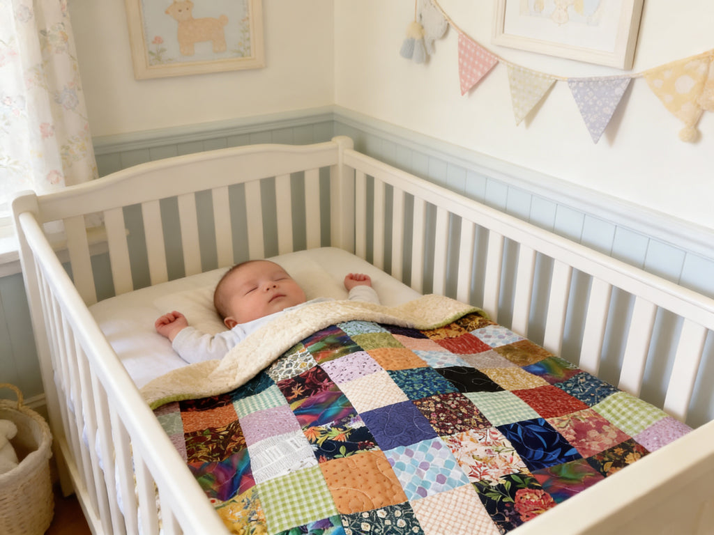 Rainbow Patchwork Quilt – Boho Baby Blanket, Nursery Decor, Cotton Fabric, Peacock Trim