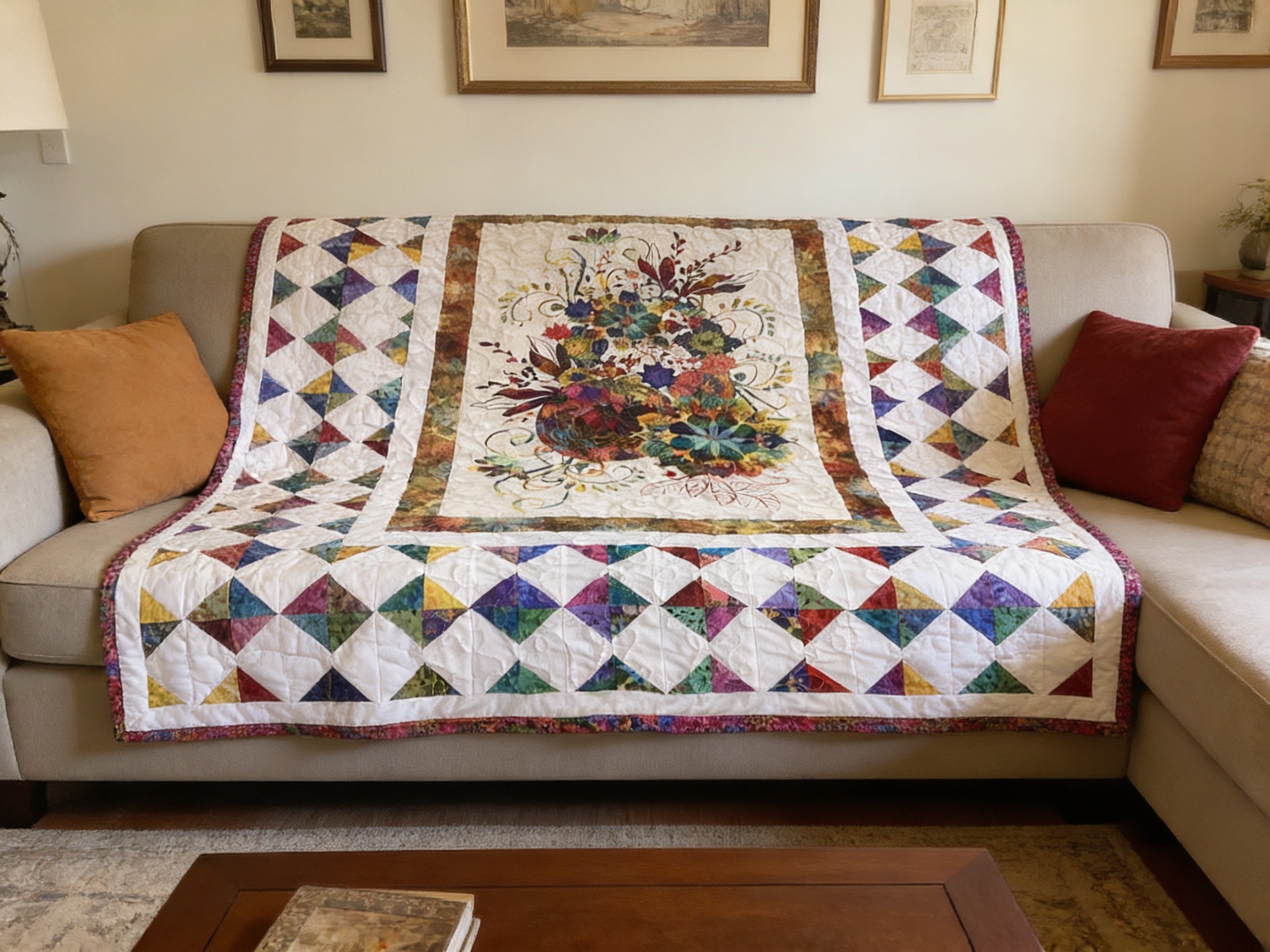 Handmade Rainbow Floral Quilt Throw Blanket – Colorful Triangle Patchwork Quilt – Lightweight Cottagecore Bedding Gift