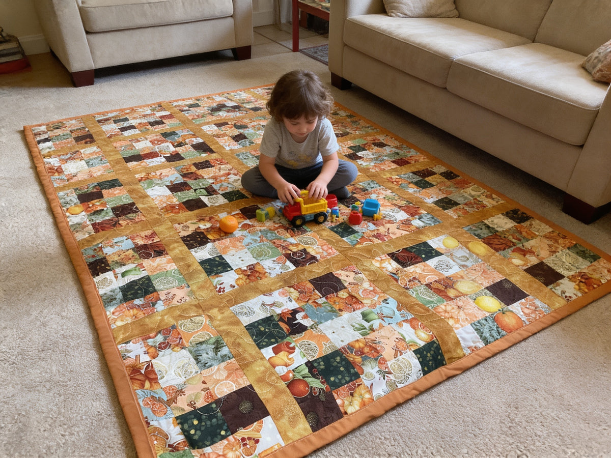 Handmade Autumn Quilt – Orange Yellow Leaf Pumpkin Print