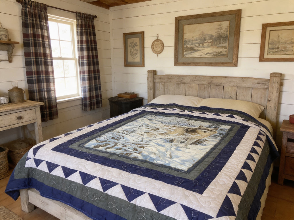 Handmade Wolf Winter Scene Quilt – Cozy full/ throw Blanket with Royal Blue Backing  comforter bedspread duvet cover