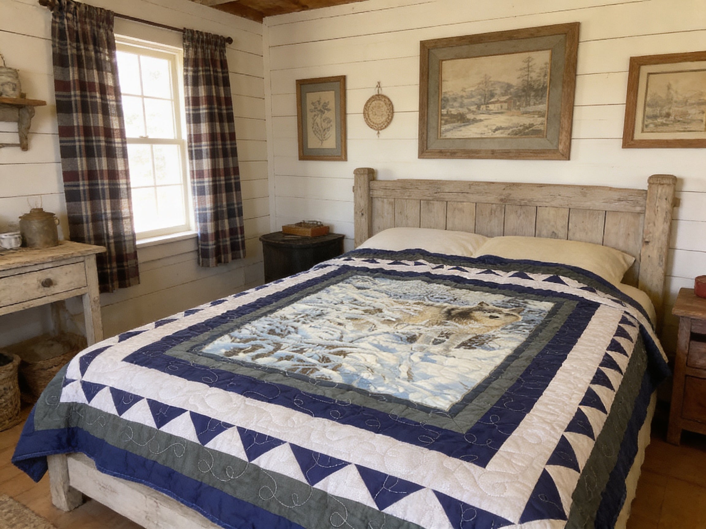 Handmade Wolf Winter Scene Quilt – Cozy full/ throw Blanket with Royal Blue Backing  comforter bedspread duvet cover