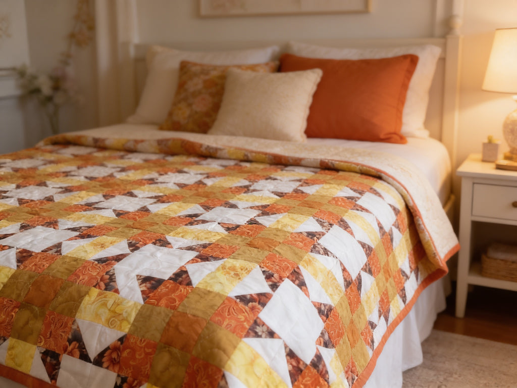 Sunburst Starfire Queen Quilt – Handmade Orange Yellow White Star Pattern Bedspread – Reversible Heirloom Blanket