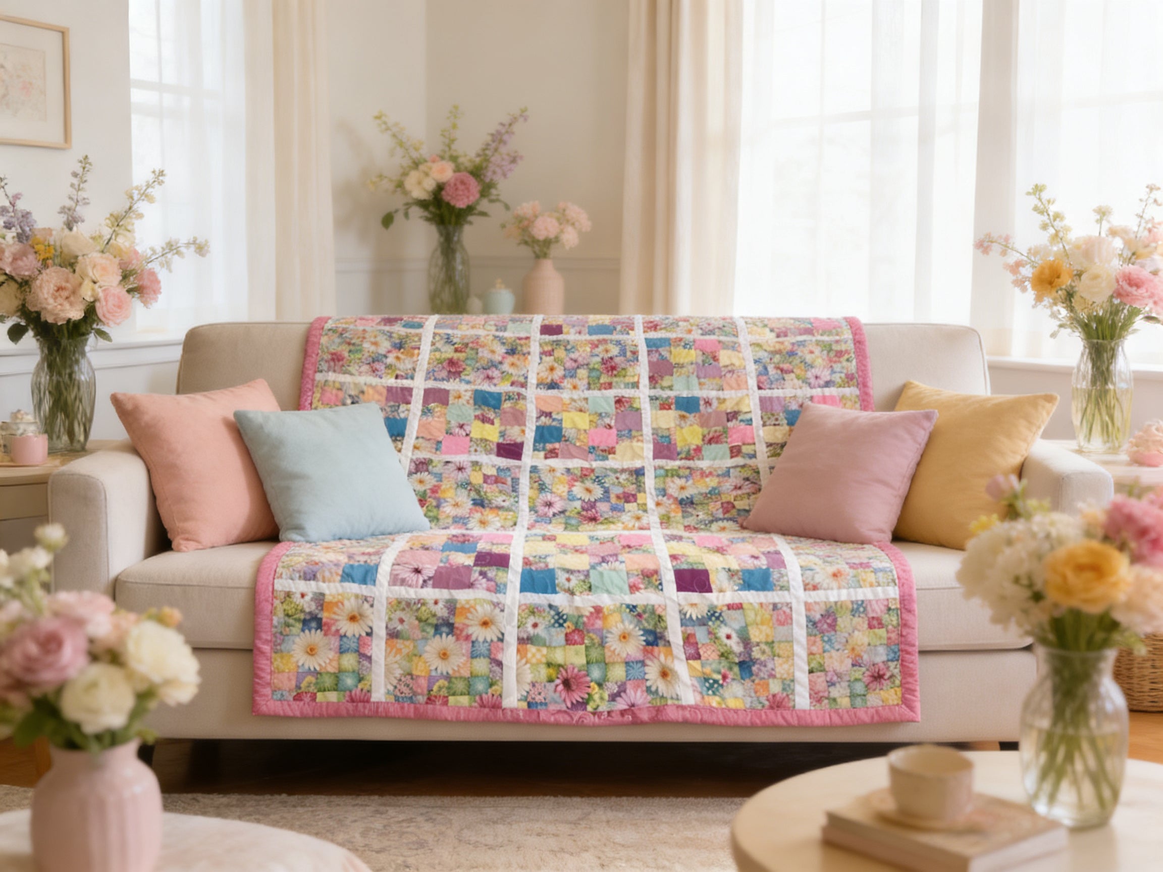 Handmade Rainbow Daisy Quilt – King Queen Size Floral Patchwork Blanket – Pink Backing Cozy Cottagecore Bedding Gift