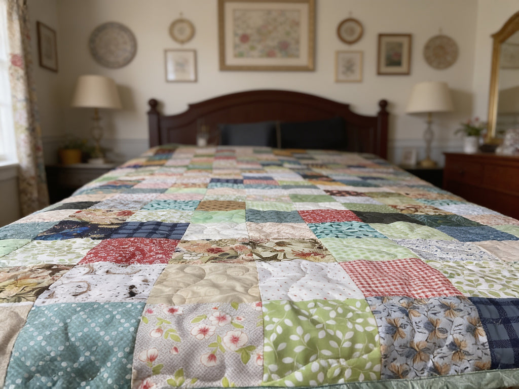 One-of-a-Kind Rainbow Scrappy King Quilt – Handmade Patchwork – Sage Green Reverse – Long Arm Quilted Masterpiece