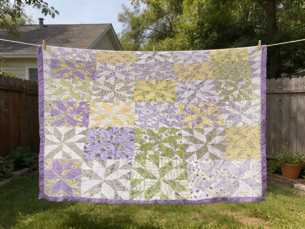 Handmade Queen Size Purple Floral Quilt – Green Yellow Wildflower Quilt – Heirloom Long Arm Quilted Bedspread throw blanket comforter