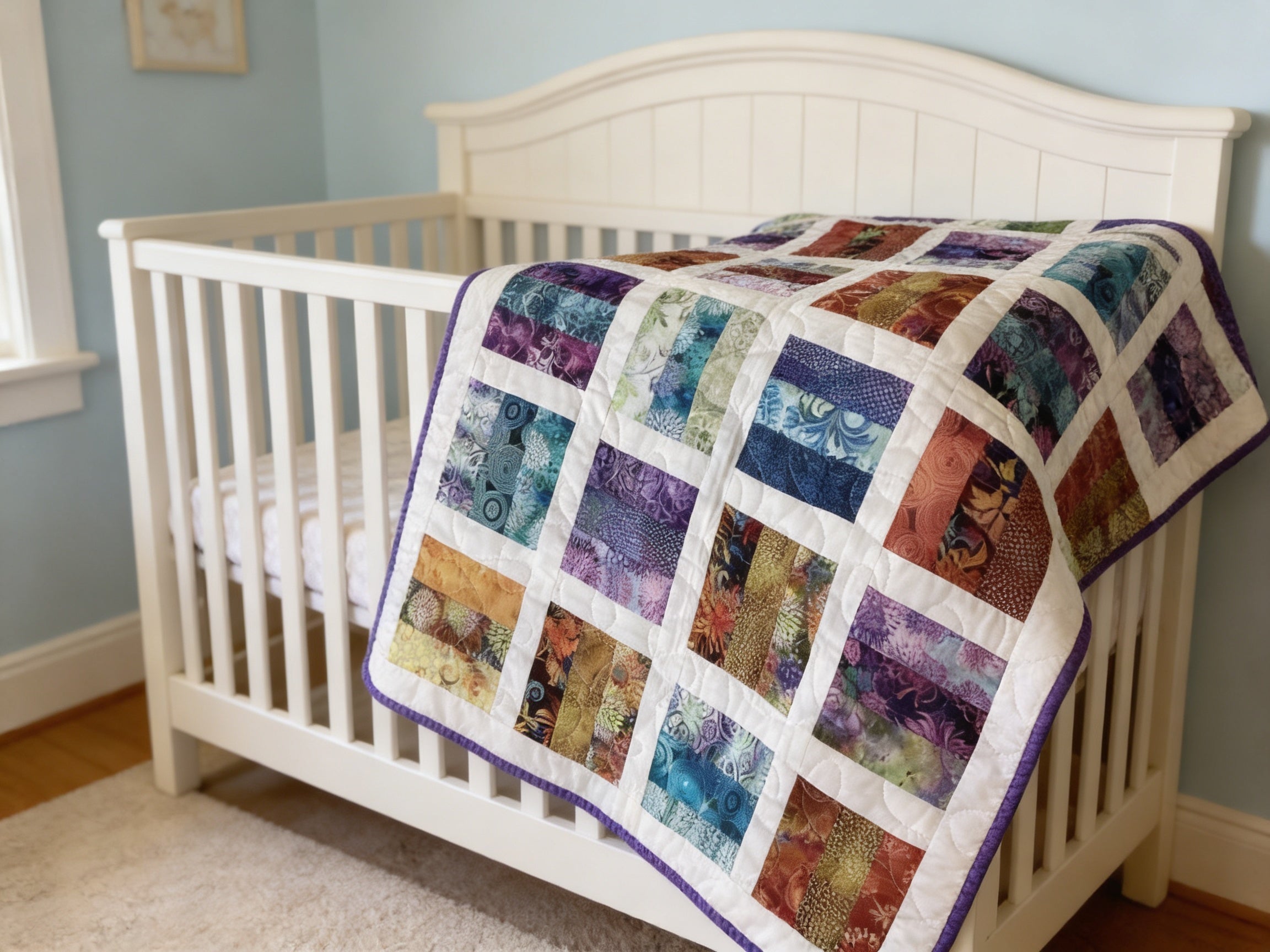 Handmade Rainbow Mosaic Baby Quilt – One of a Kind Colorful Patchwork Nursery Quilt, Baby Shower Gift