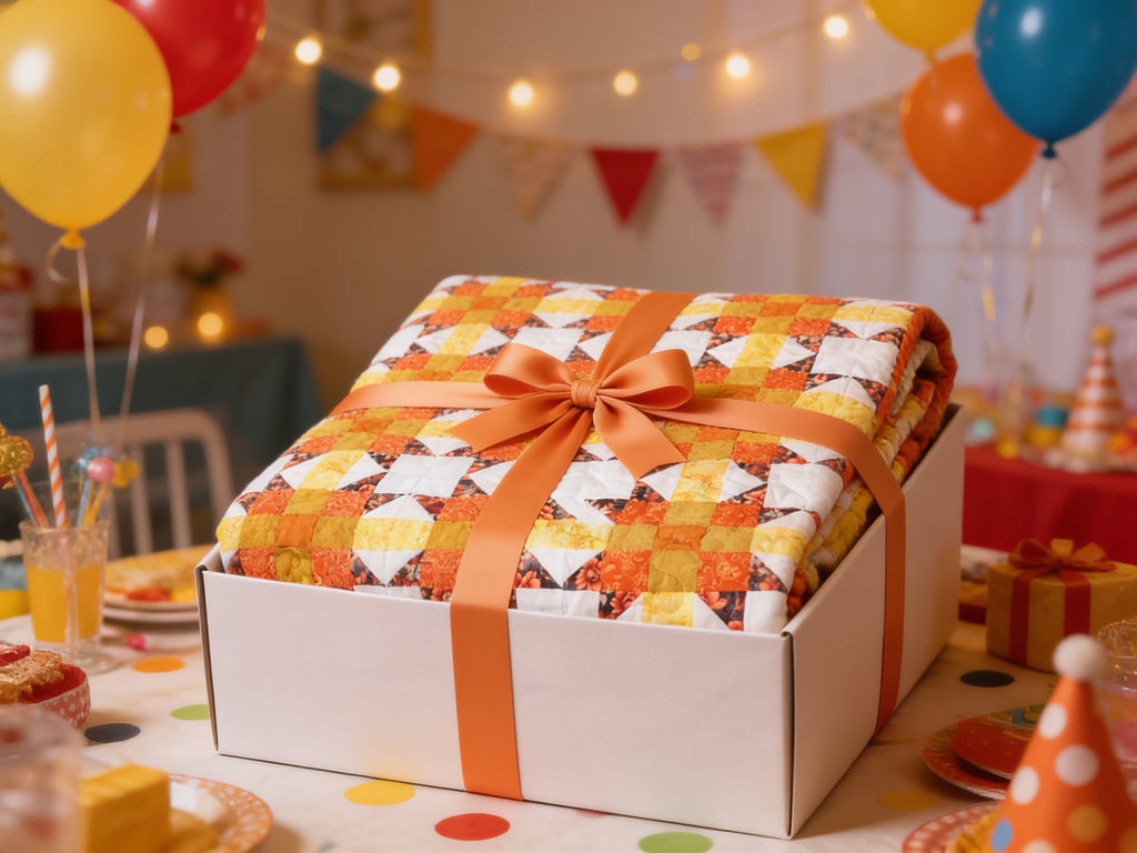 Sunburst Starfire Queen Quilt – Handmade Orange Yellow White Star Pattern Bedspread – Reversible Heirloom Blanket