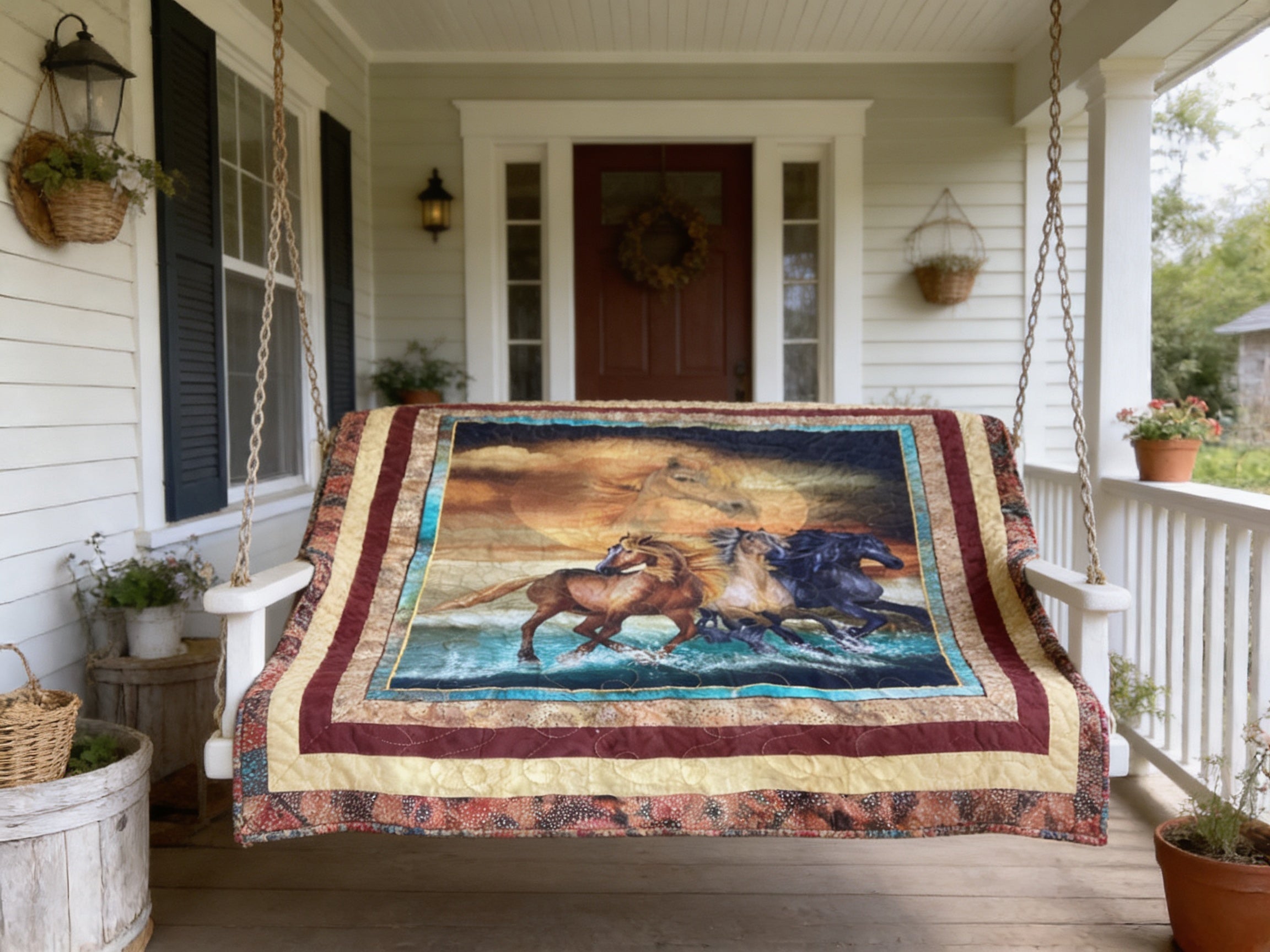 Handmade Horse Quilt Full Size – One-of-a-Kind Running Horses Blanket comforter bedspread duvet cover throw blanket