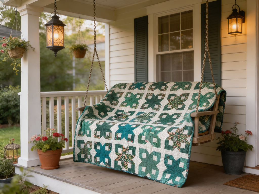 Blue Teal White Geometric Quilt Reversible Handmade Blanket Floral Accent Lightweight Quilt Gift