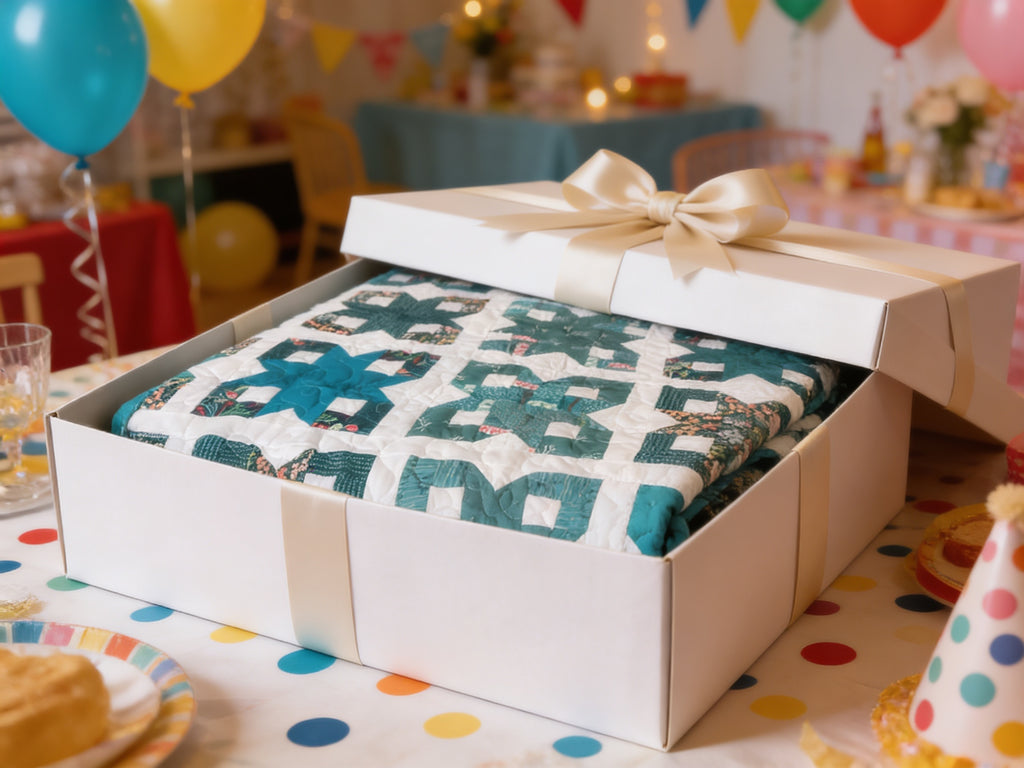 Blue Teal White Geometric Quilt Reversible Handmade Blanket Floral Accent Lightweight Quilt Gift