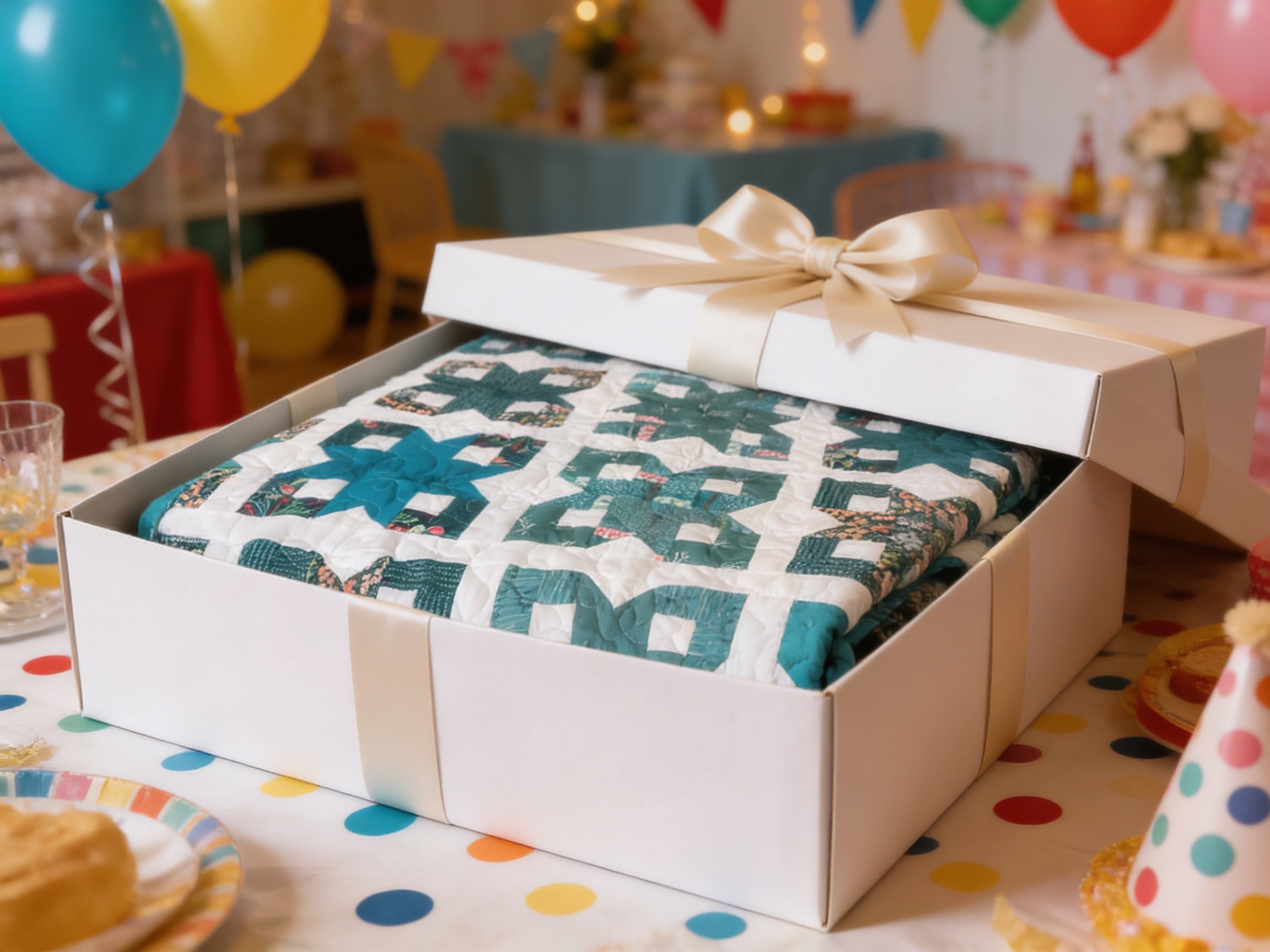 Blue Teal White Geometric Quilt Reversible Handmade Blanket Floral Accent Lightweight Quilt Gift