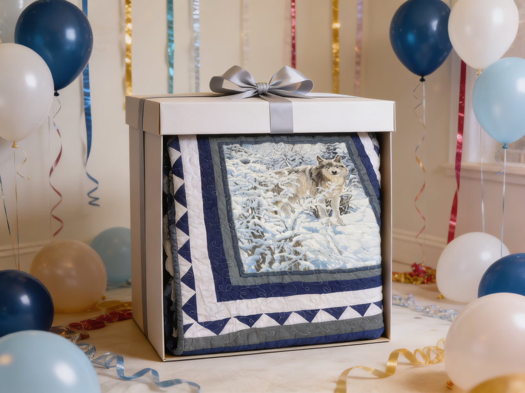 Handmade Wolf Winter Scene Quilt – Cozy full/ throw Blanket with Royal Blue Backing  comforter bedspread duvet cover