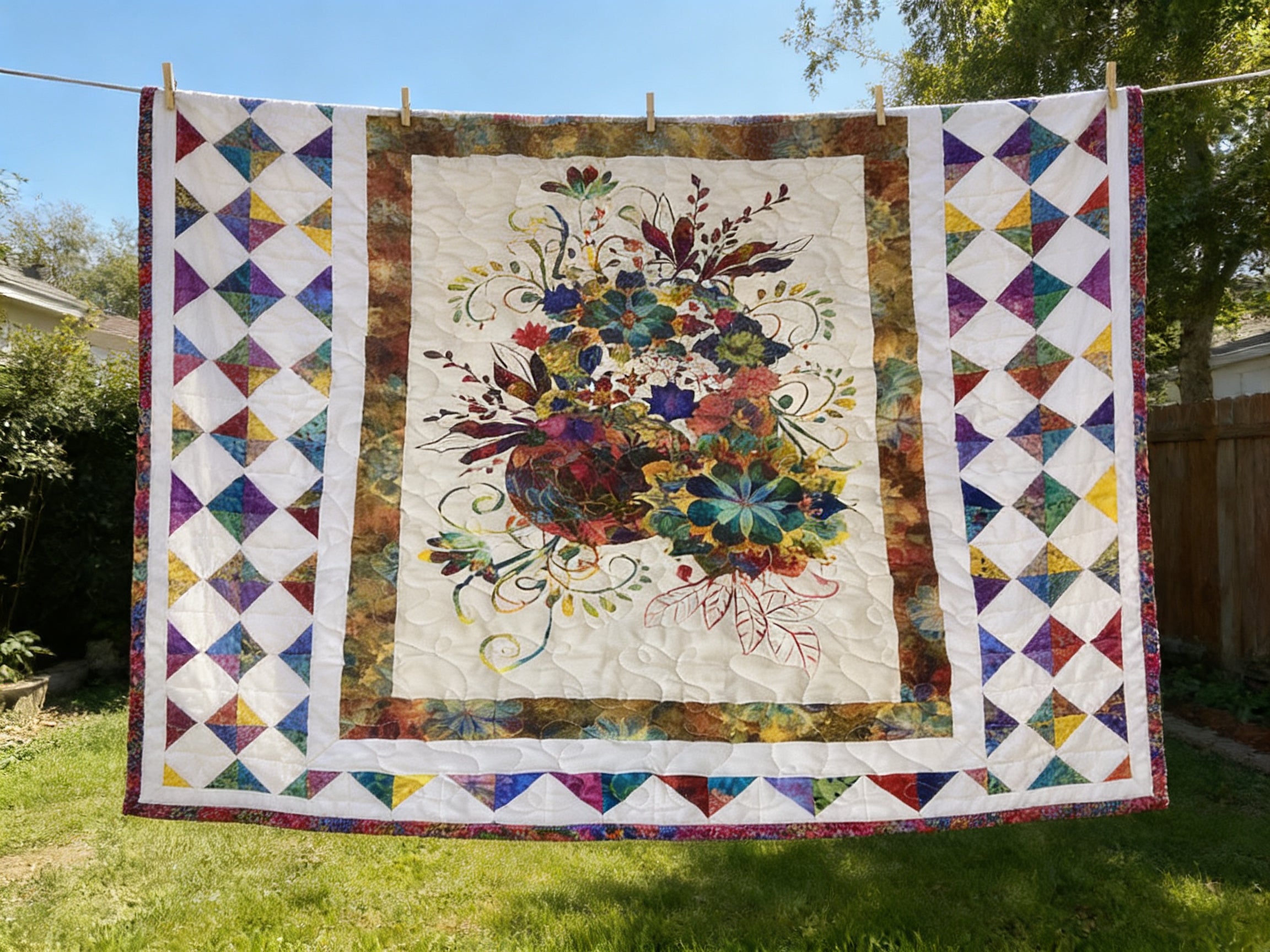 Handmade Rainbow Floral Quilt Throw Blanket – Colorful Triangle Patchwork Quilt – Lightweight Cottagecore Bedding Gift