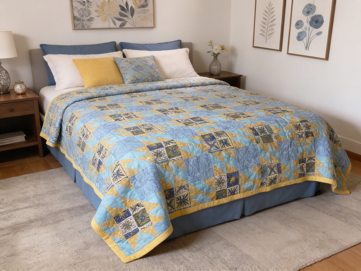 Handmade Quilt – Blue Yellow Fabric Geometric Design