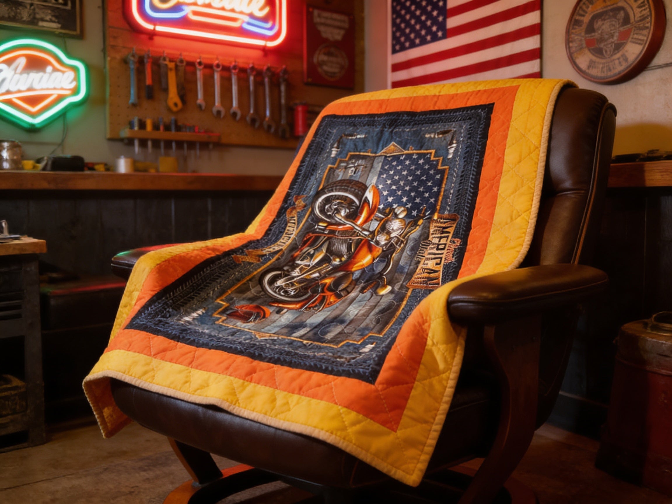 Americana Motorcycle Quilt  comforter bedspread duvet cover gift idea