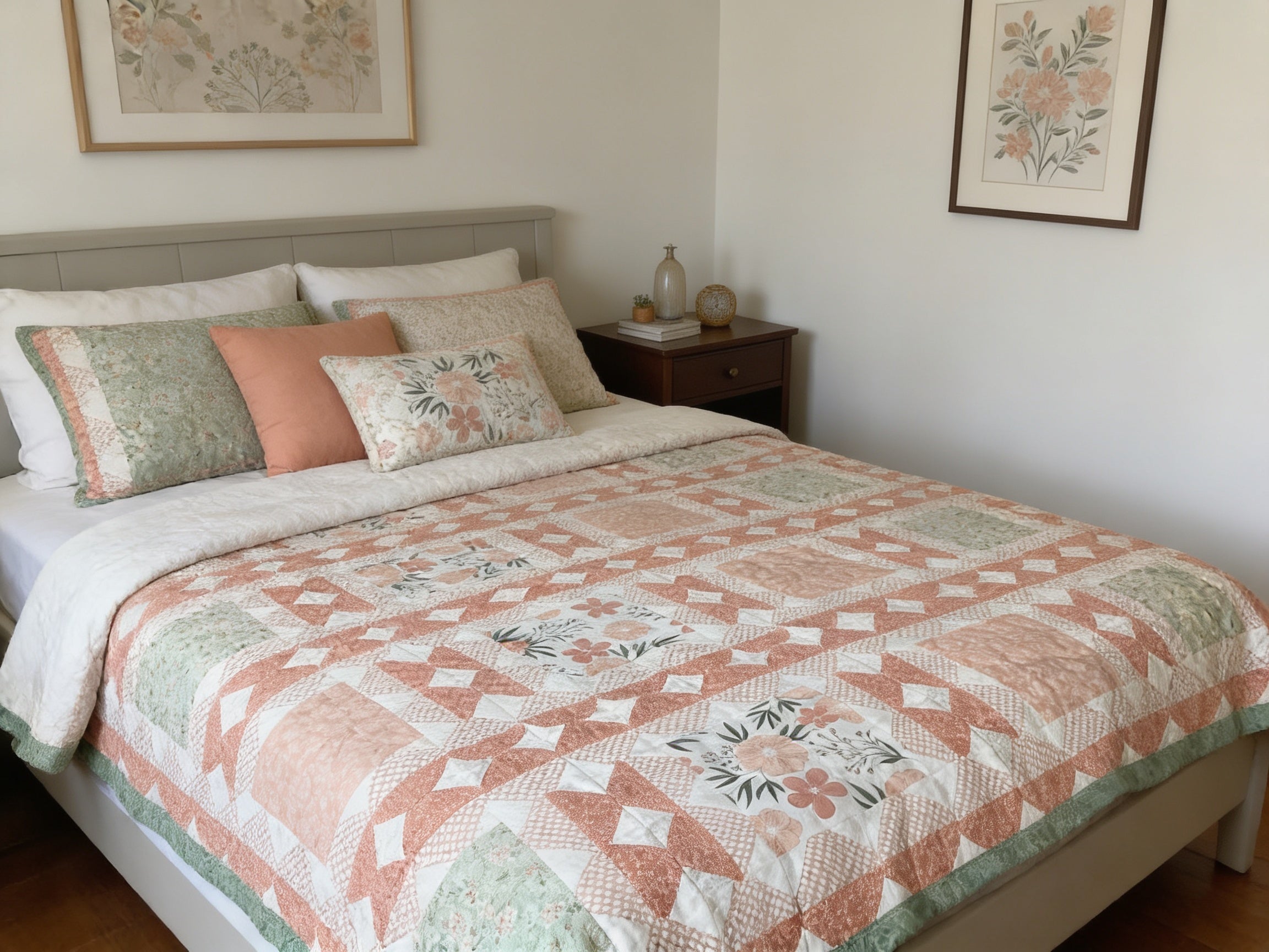 Peach & Green Floral King Quilt – Handmade Square in a Square Patchwork Blanket – Lightweight Heirloom Bedding – Cottage Farmhouse Gift