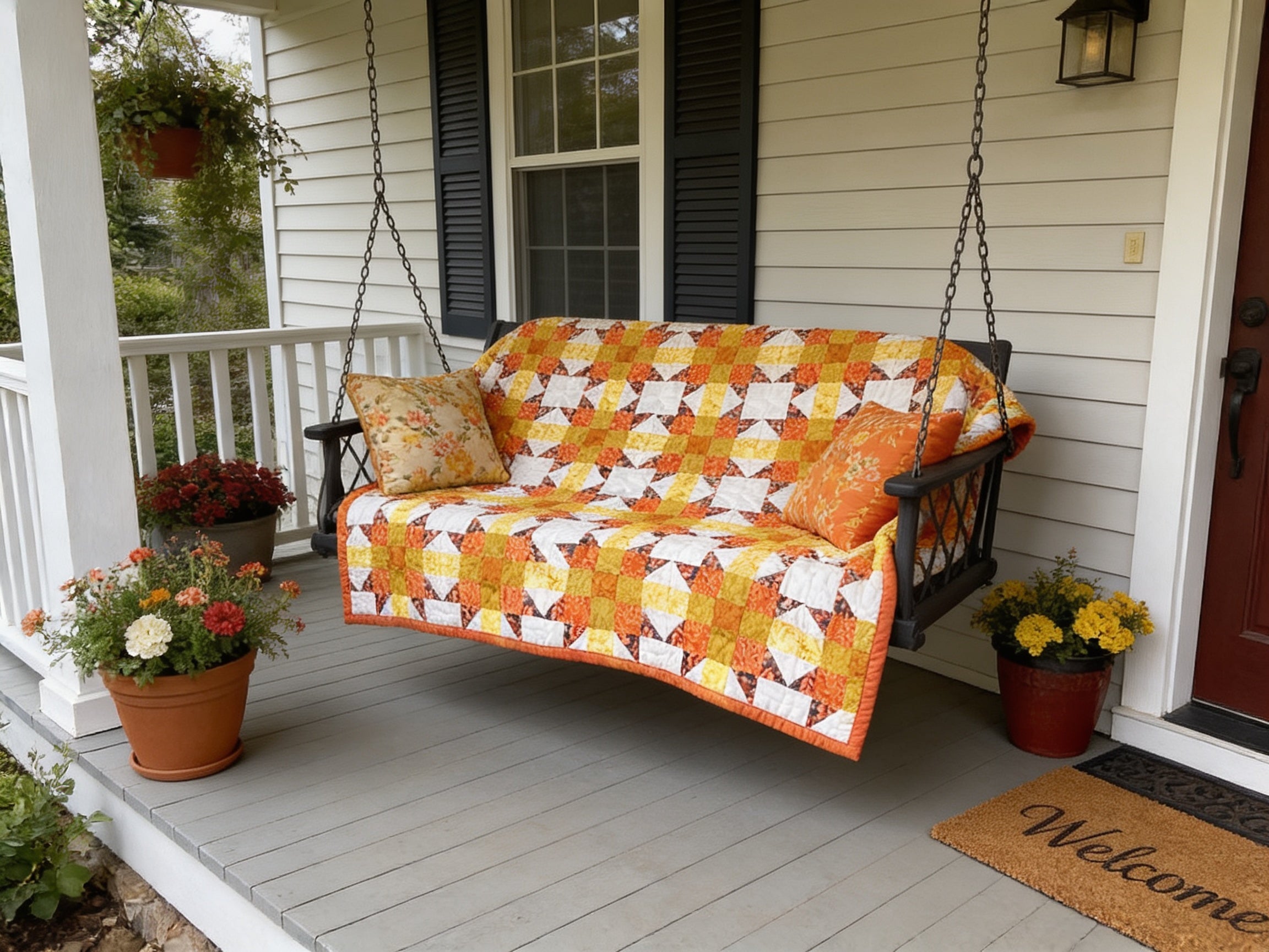 Sunburst Starfire Queen Quilt – Handmade Orange Yellow White Star Pattern Bedspread – Reversible Heirloom Blanket