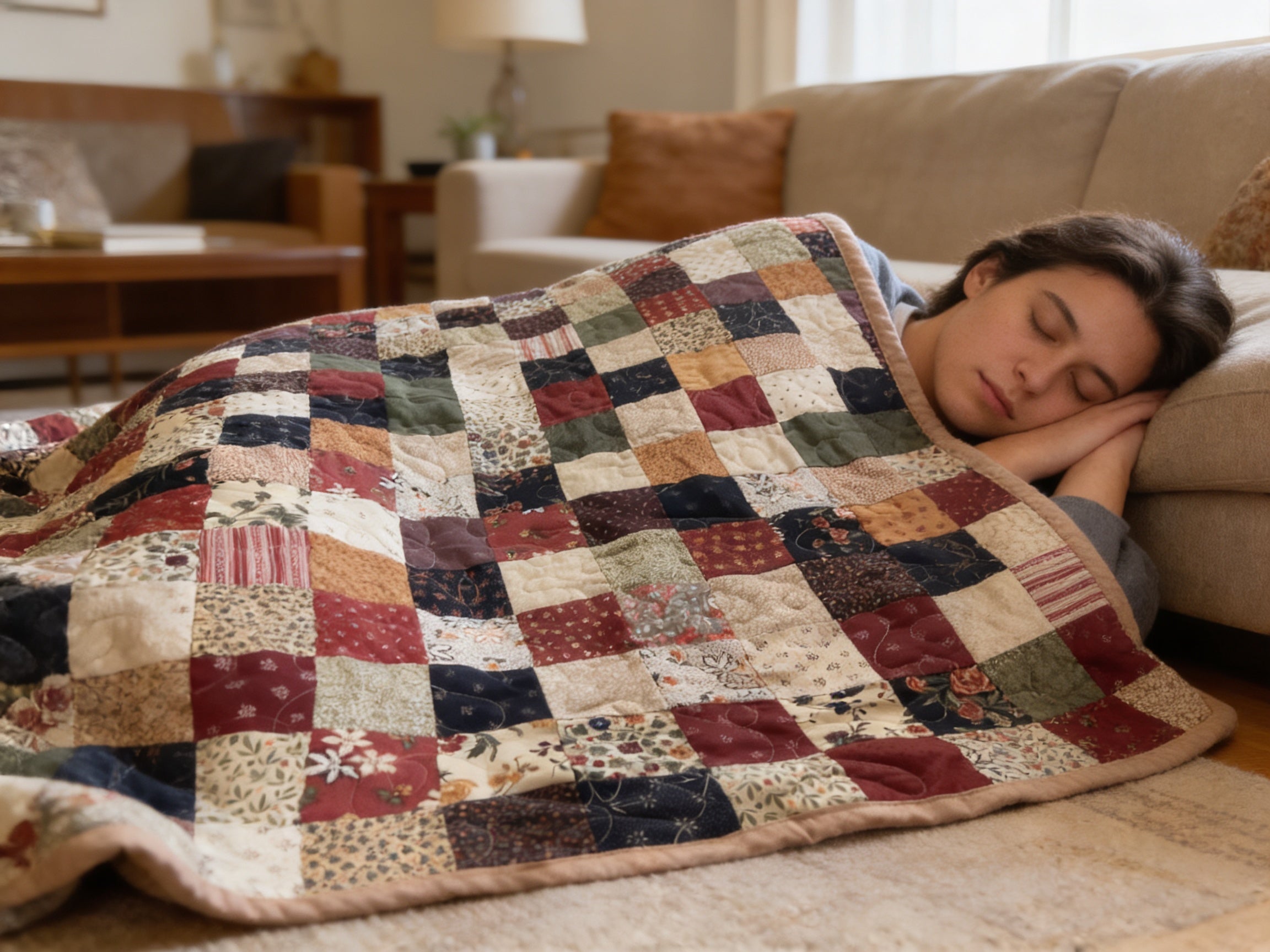 Handmade Patchwork Quilt Blanket – Brown Tan Green Blue Full Size Quilt – Cozy Farmhouse Bedding – One of a Kind Quilted Throw Gift