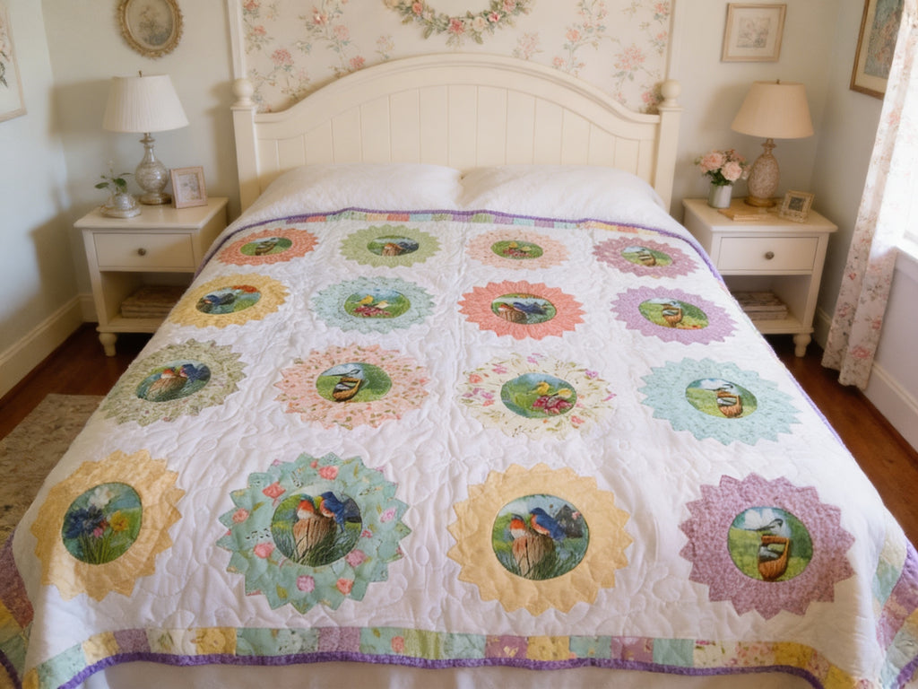 Personalized Bird & Flower Quilt - Handmade Throw Blanket comforter bedspread duvet cover gift idea