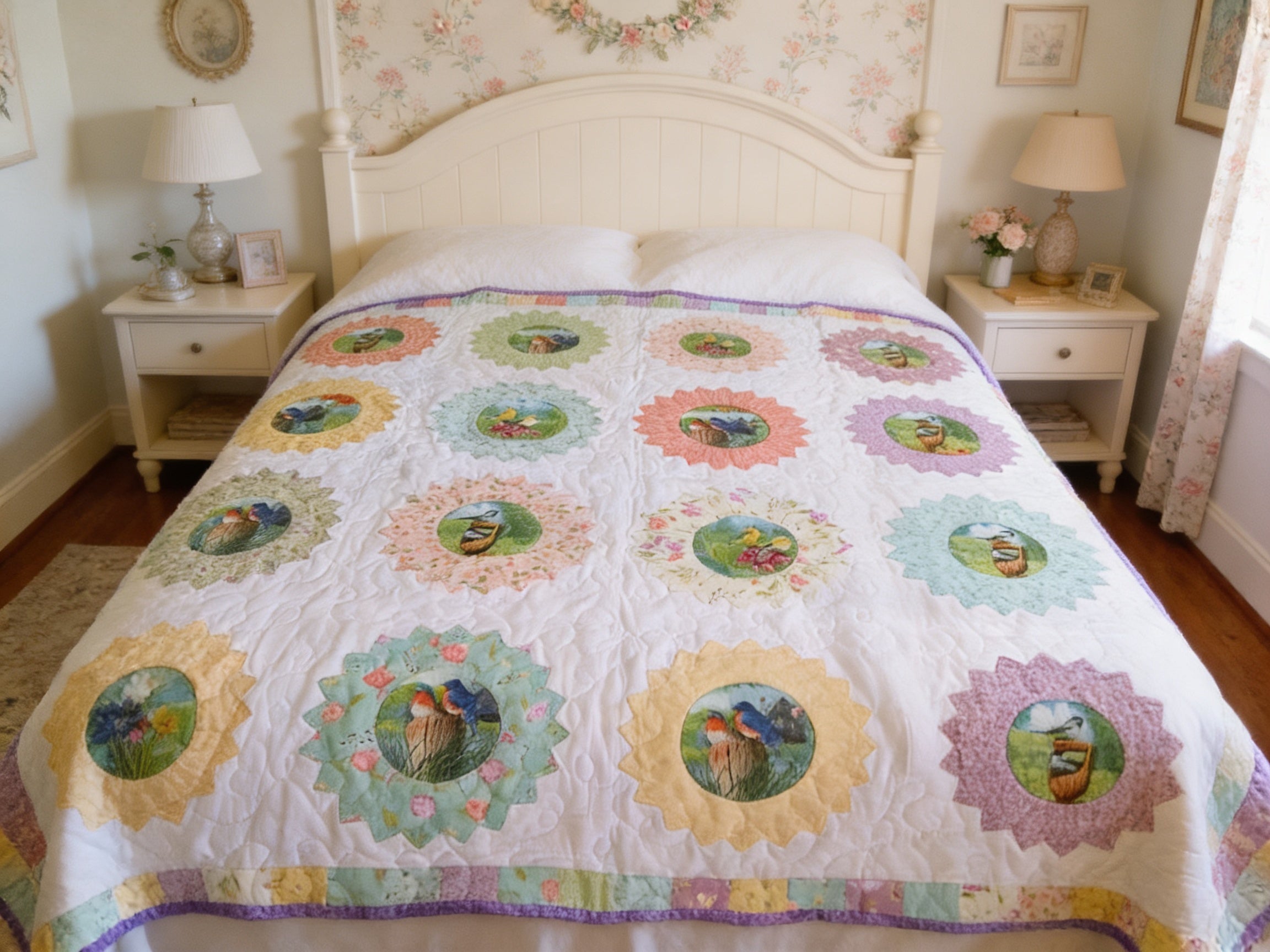 Personalized Bird & Flower Quilt - Handmade Throw Blanket comforter bedspread duvet cover gift idea