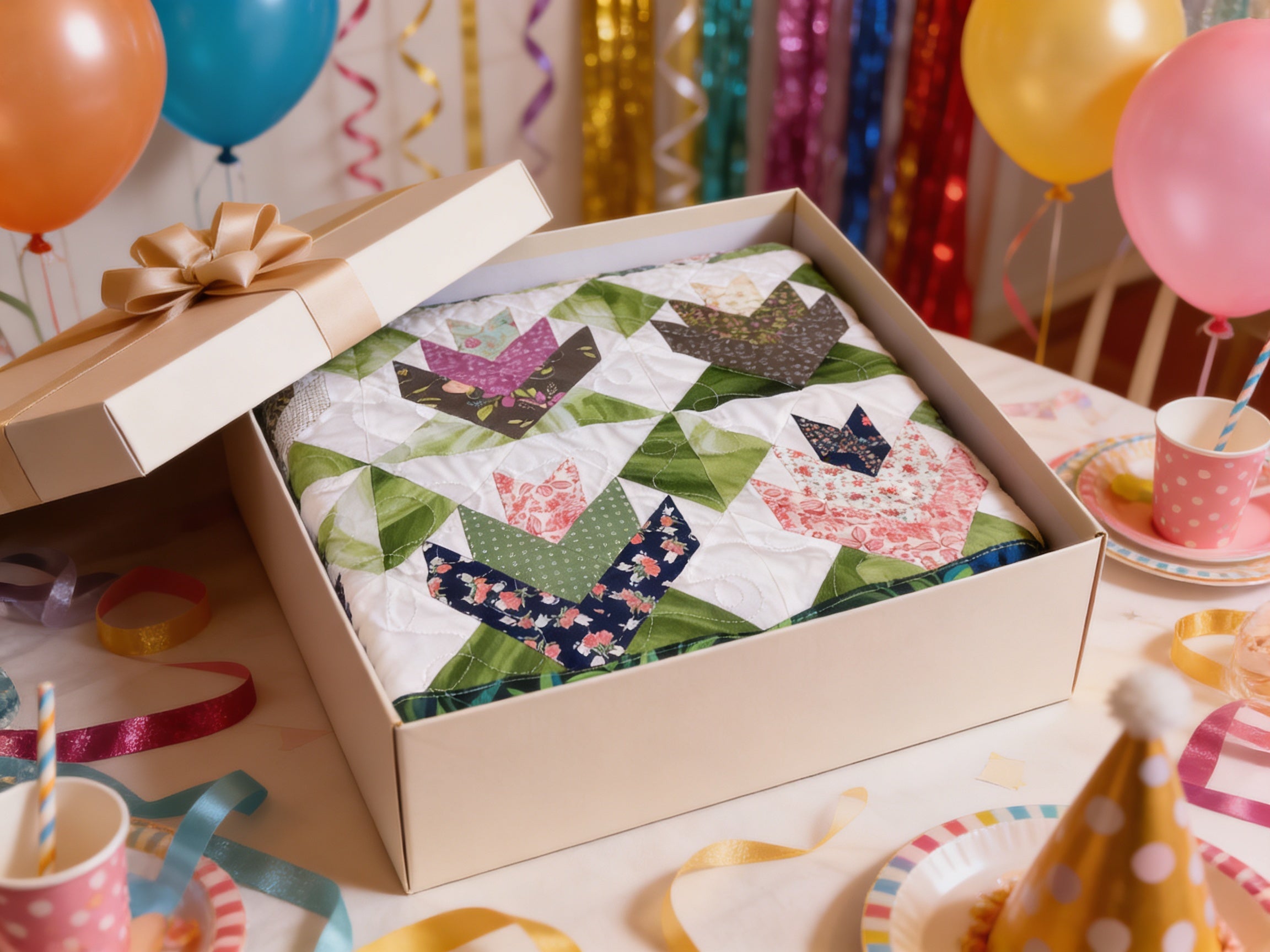 Handmade Tulip Quilt Extra Large Full Size – Floral Patchwork Blanket with Reversible Leaf Backing, Long Arm Quilted Heirloom Bedding
