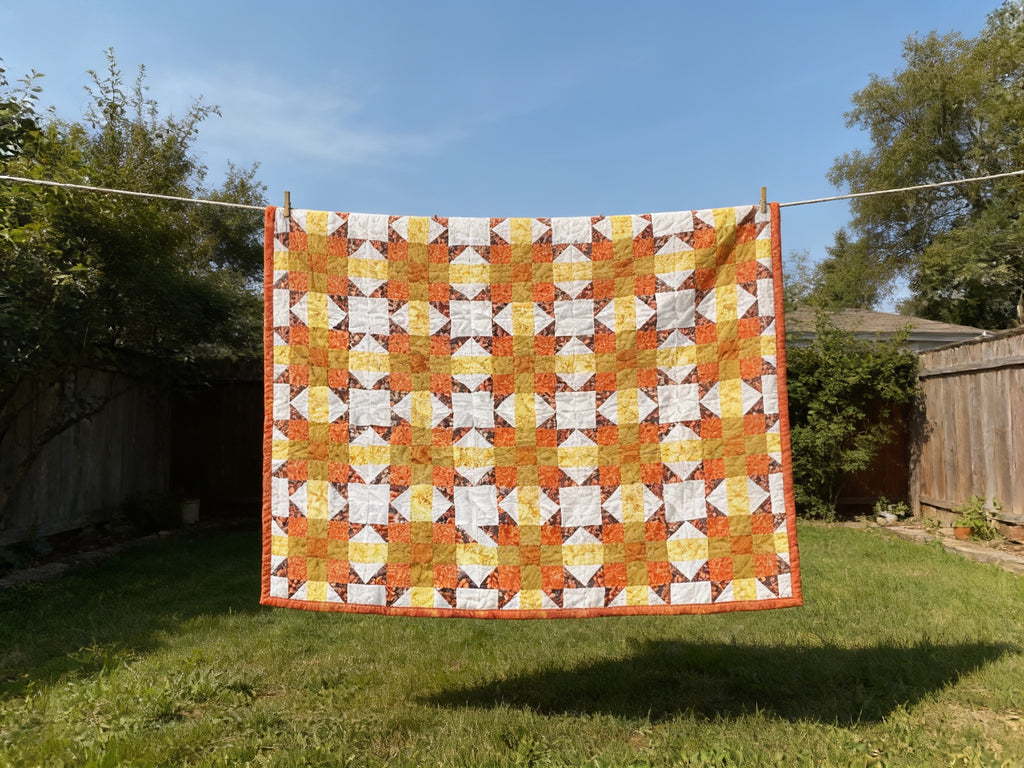 Sunburst Starfire Queen Quilt – Handmade Orange Yellow White Star Pattern Bedspread – Reversible Heirloom Blanket