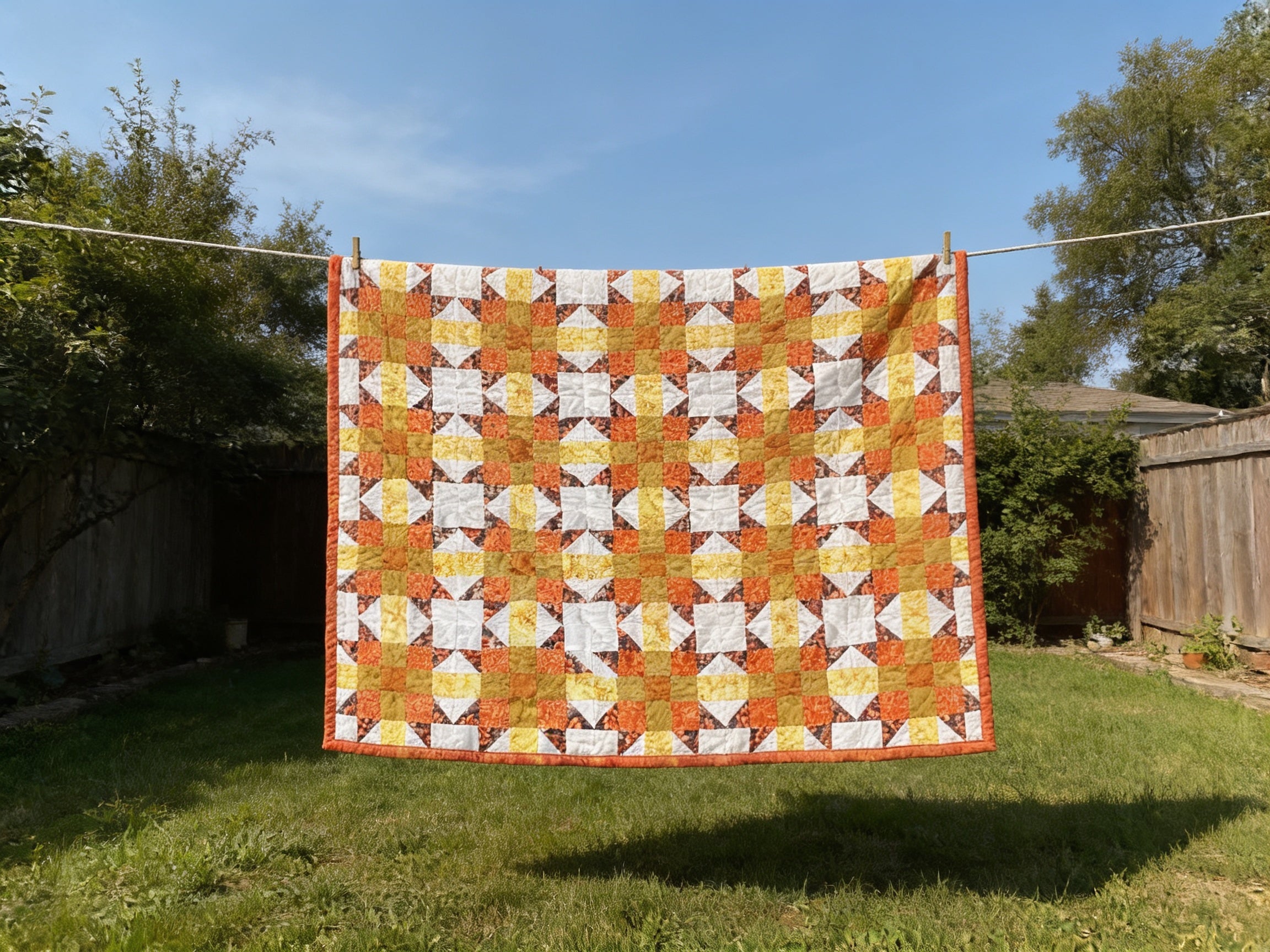 Sunburst Starfire Queen Quilt – Handmade Orange Yellow White Star Pattern Bedspread – Reversible Heirloom Blanket