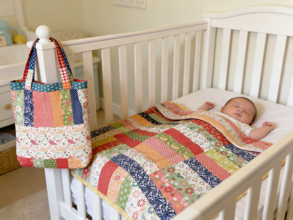 Handmade Floral Baby Quilt & Diaper Bag Set – Colorful Nursery Decor lap quilt baby shower new born gift blanket